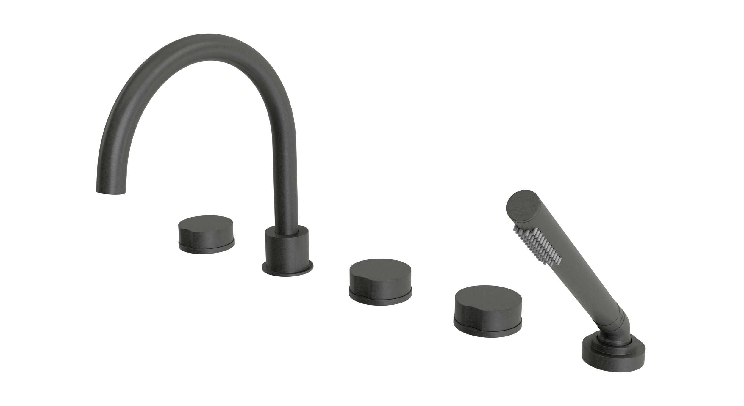 Foundry Three Handle Deck Mount Gooseneck Bath Trim with Hand Shower and Circle Knob Handles in Blackened Nickel