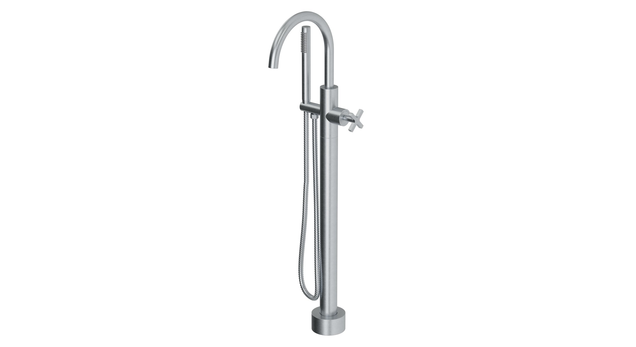 Flatiron One Handle Floor Mount Gooseneck Bath Trim with Hand Shower and Linear Cross Handle in Satin Chrome