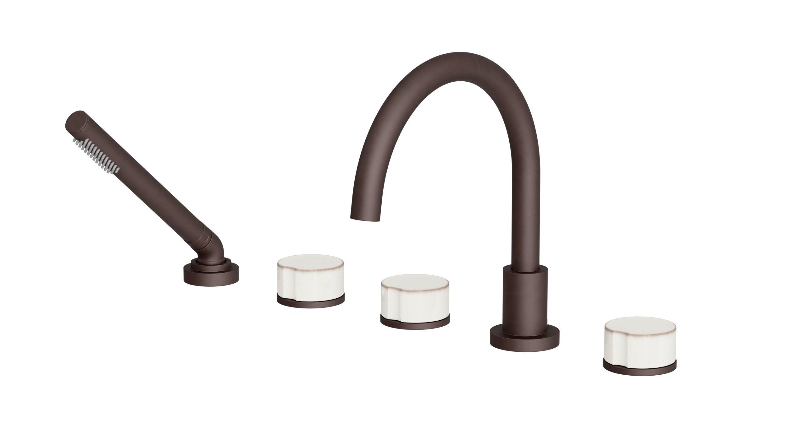 Foundry Three Handle Deck Mount Gooseneck Bath Trim with Hand Shower and Groove Ceramic Knob Handles in Architectural Copper