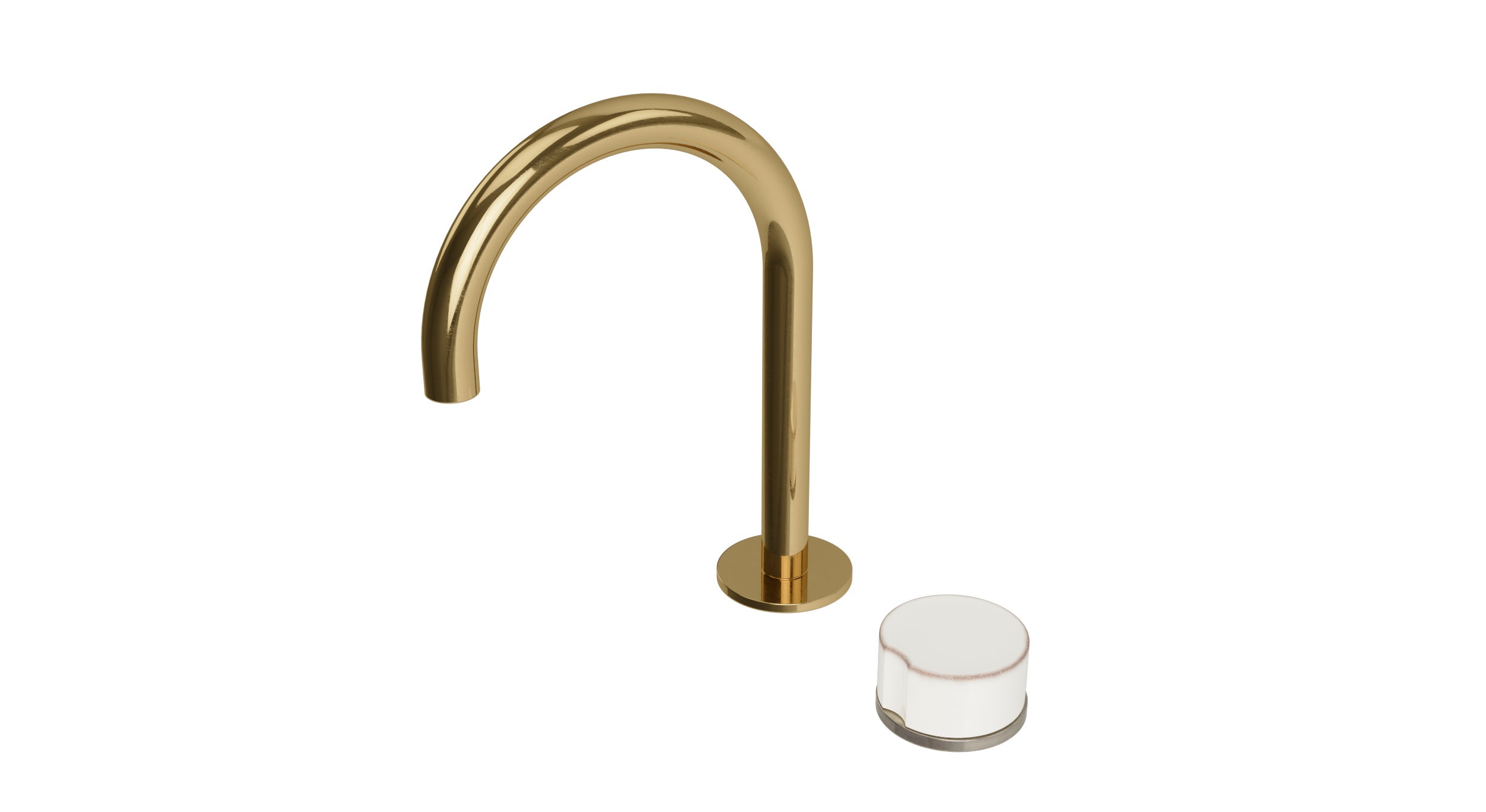 Foundry One Handle Deck Mount Gooseneck Lavatory Faucet with Groove Ceramic Knob Handle in Uncoated Polished Brass