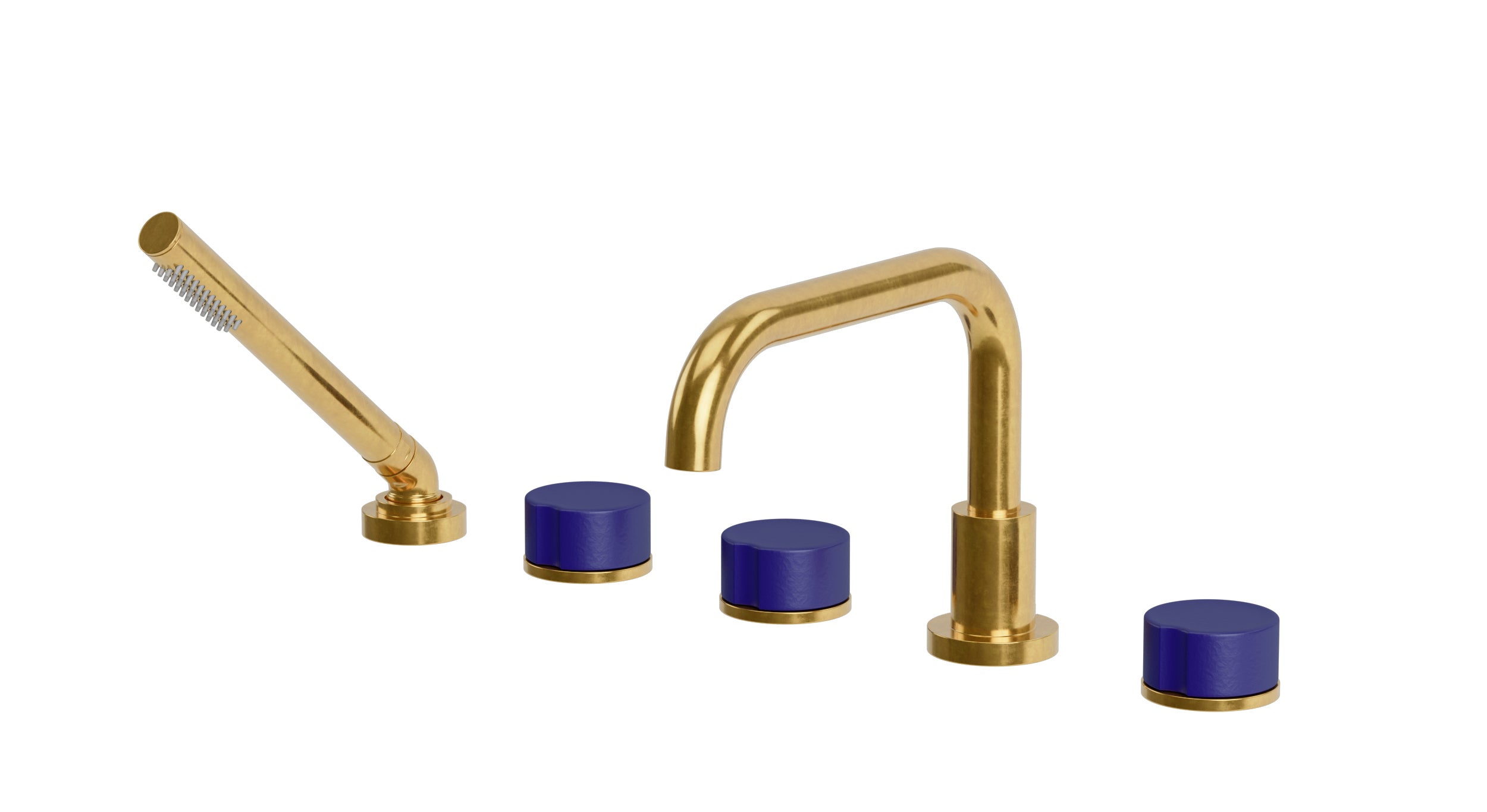 Foundry Three Handle Deck Mount Squaretop Bath Trim with Hand Shower and Groove Ceramic Knob Handles in French Brass
