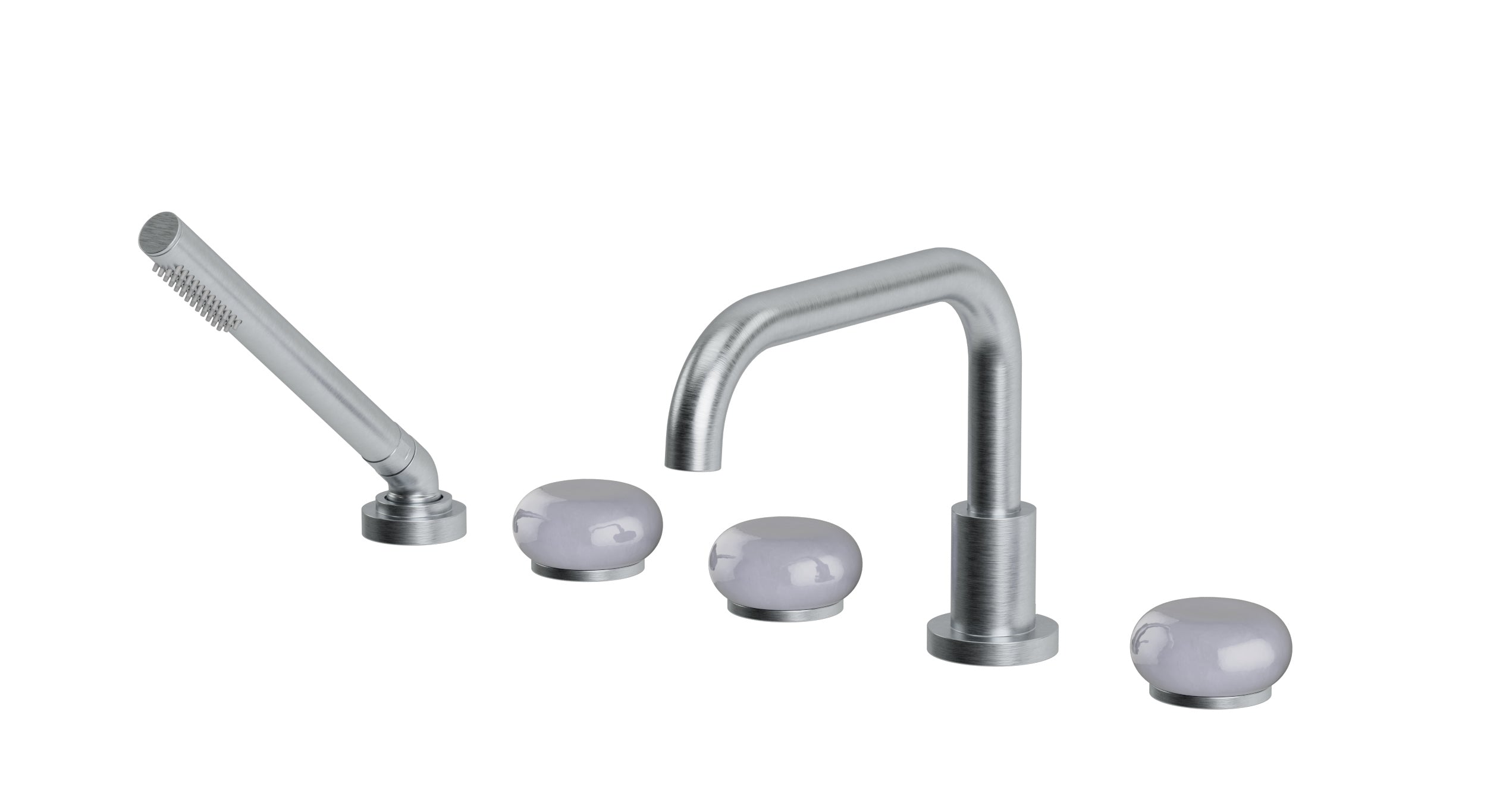 Foundry Three Handle Deck Mount Squaretop Bath Trim with Hand Shower and Pebble Ceramic Knob Handles in Satin Chrome