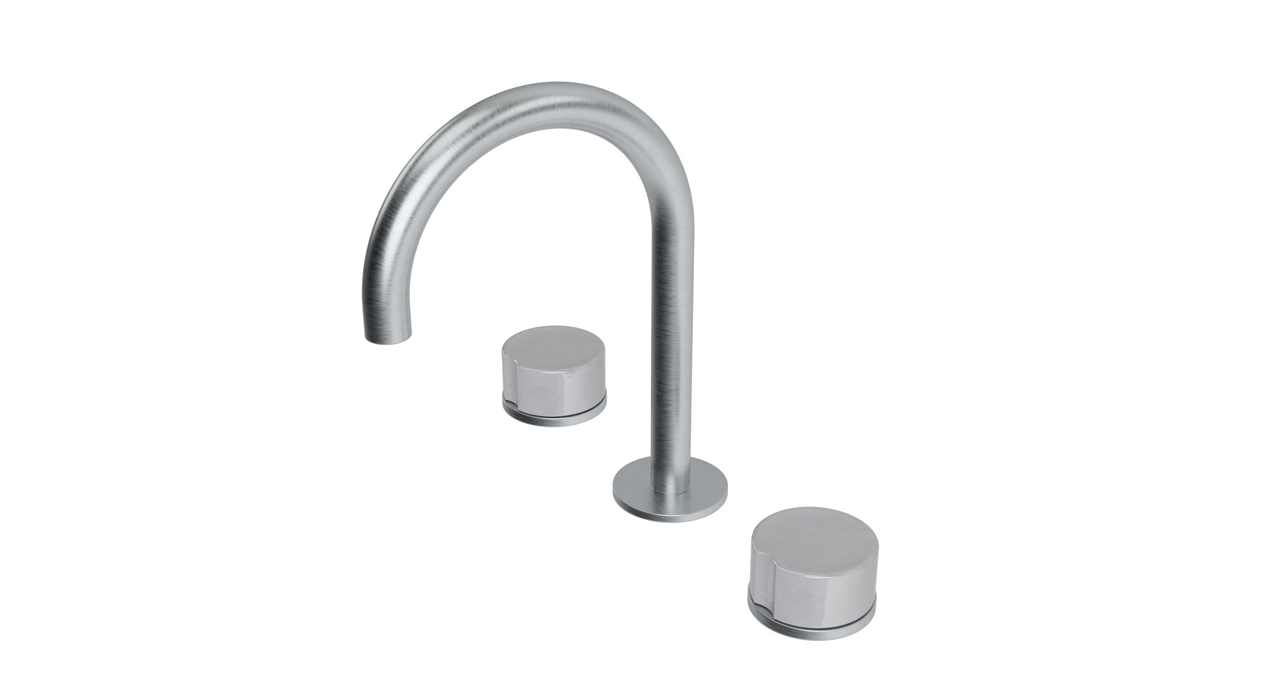 Foundry Two Handle Deck Mount Gooseneck Lavatory Faucet with Groove Ceramic Knob Handles in Satin Chrome