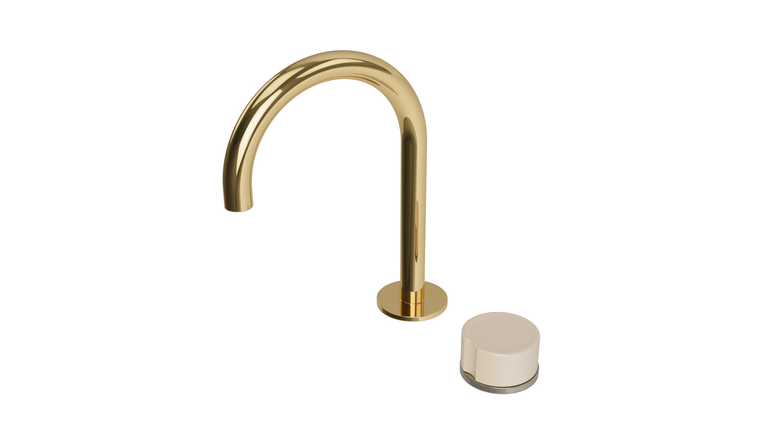 Foundry One Handle Deck Mount Gooseneck Lavatory Faucet with Groove Ceramic Knob Handle in Polished Brass