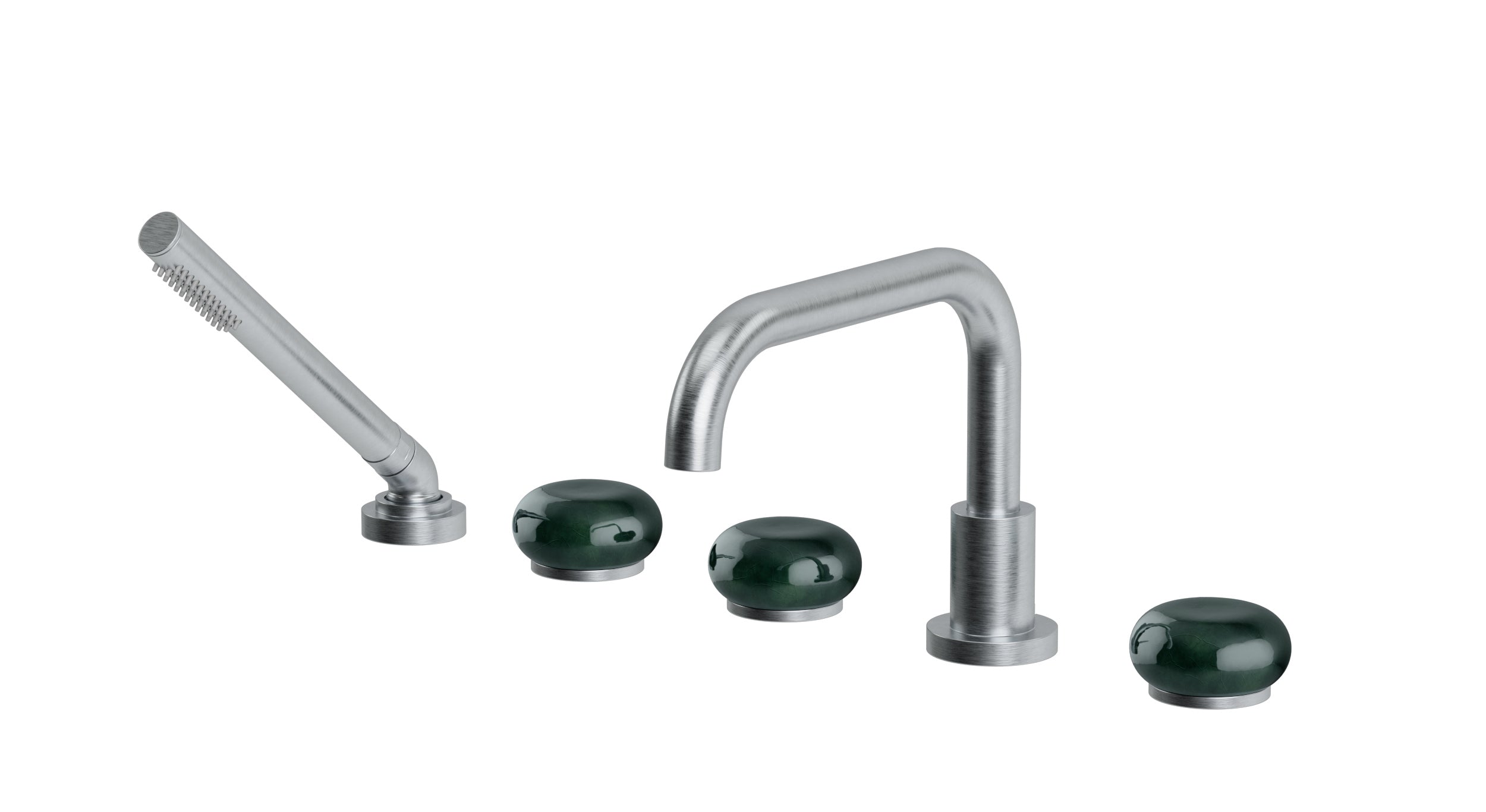 Foundry Three Handle Deck Mount Squaretop Bath Trim with Hand Shower and Pebble Ceramic Knob Handles in Satin Chrome