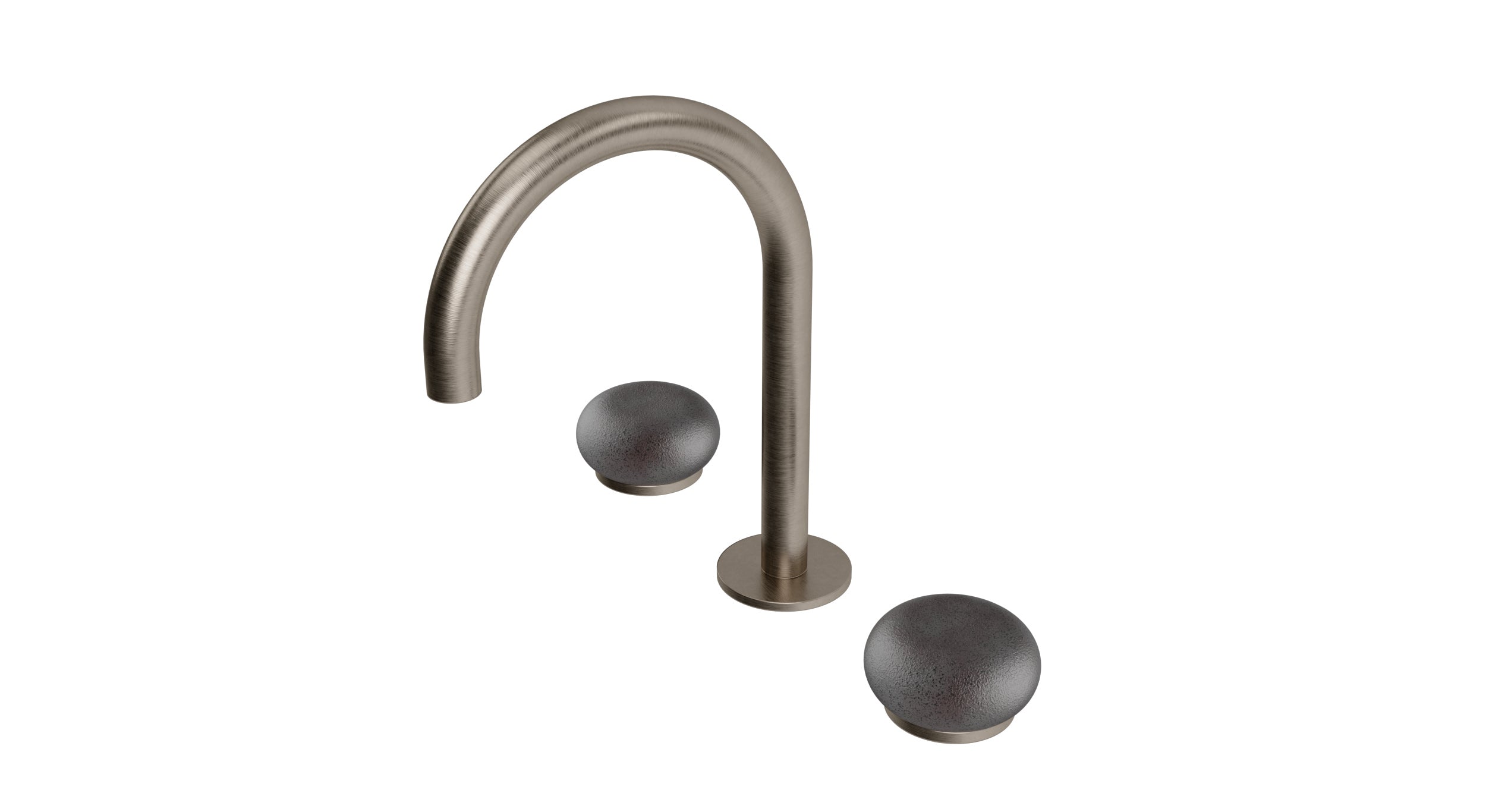 Foundry Two Handle Deck Mount Gooseneck Lavatory Faucet with Pebble Ceramic Knob Handles in Antique Nickel