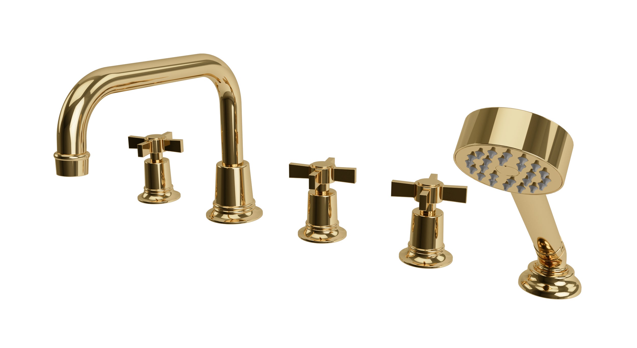 Emerson Three Handle Deck Mount Squaretop Bath Trim with Hand Shower and Defined Cross Handles in Polished Brass