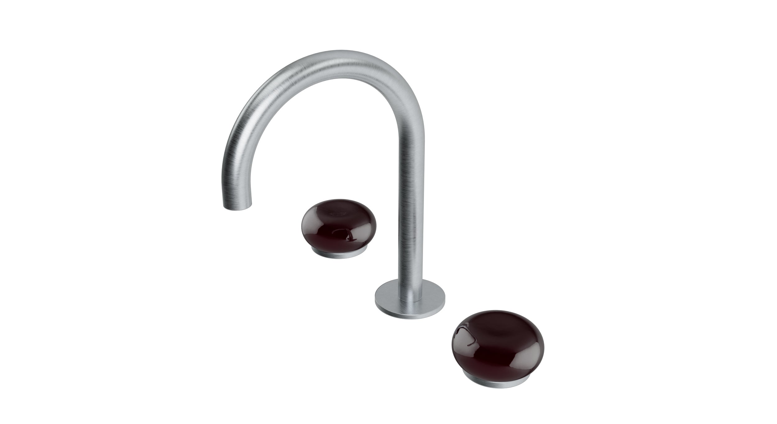 Foundry Two Handle Deck Mount Gooseneck Lavatory Faucet with Pebble Ceramic Knob Handles in Satin Chrome