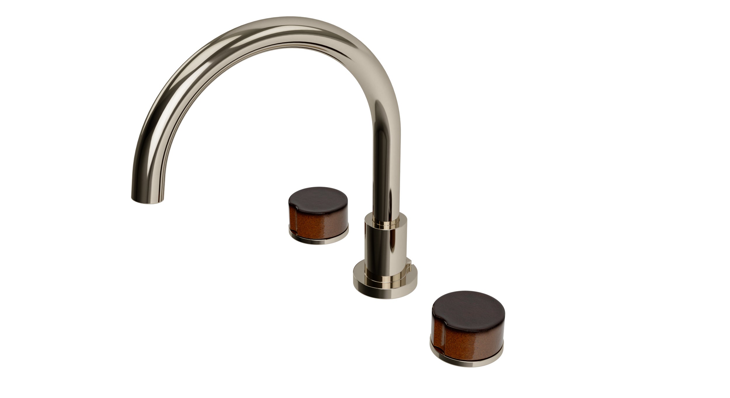 Foundry Two Handle Deck Mount Gooseneck Bath Trim with Groove Ceramic Knob Handles in Polished Nickel