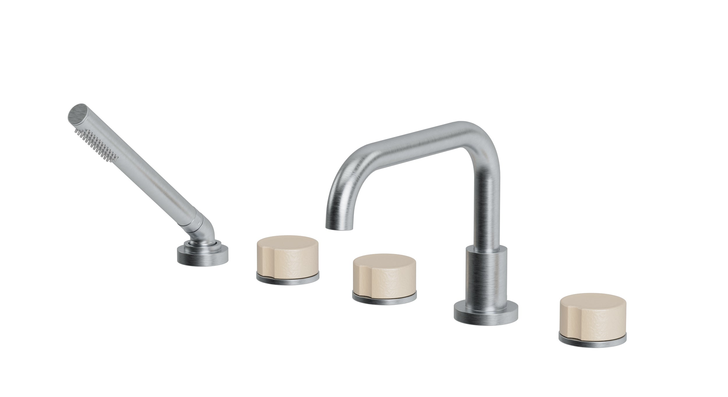 Foundry Three Handle Deck Mount Squaretop Bath Trim with Hand Shower and Groove Ceramic Knob Handles in Satin Chrome