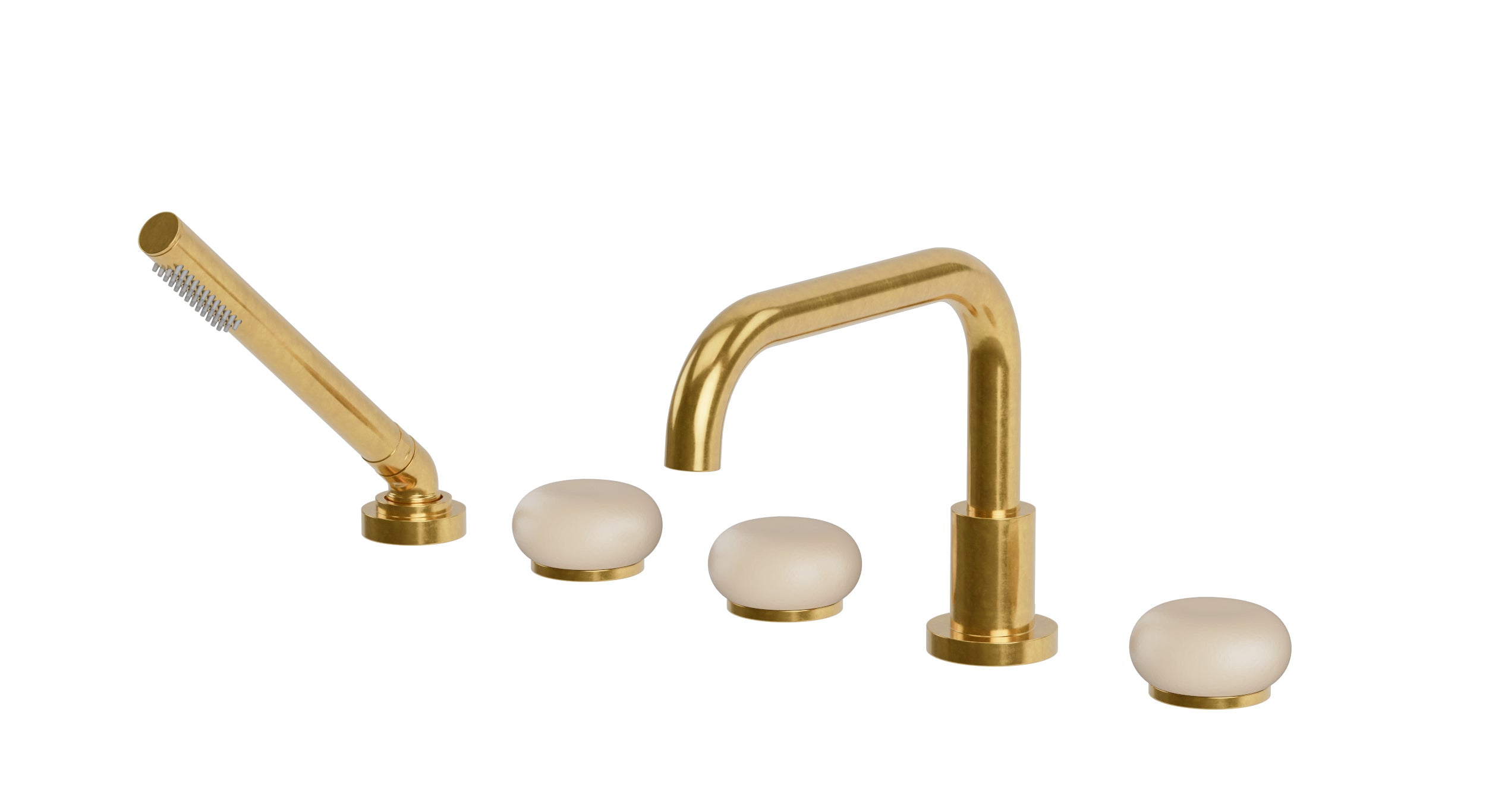 Foundry Three Handle Deck Mount Squaretop Bath Trim with Hand Shower and Pebble Ceramic Knob Handles in French Brass