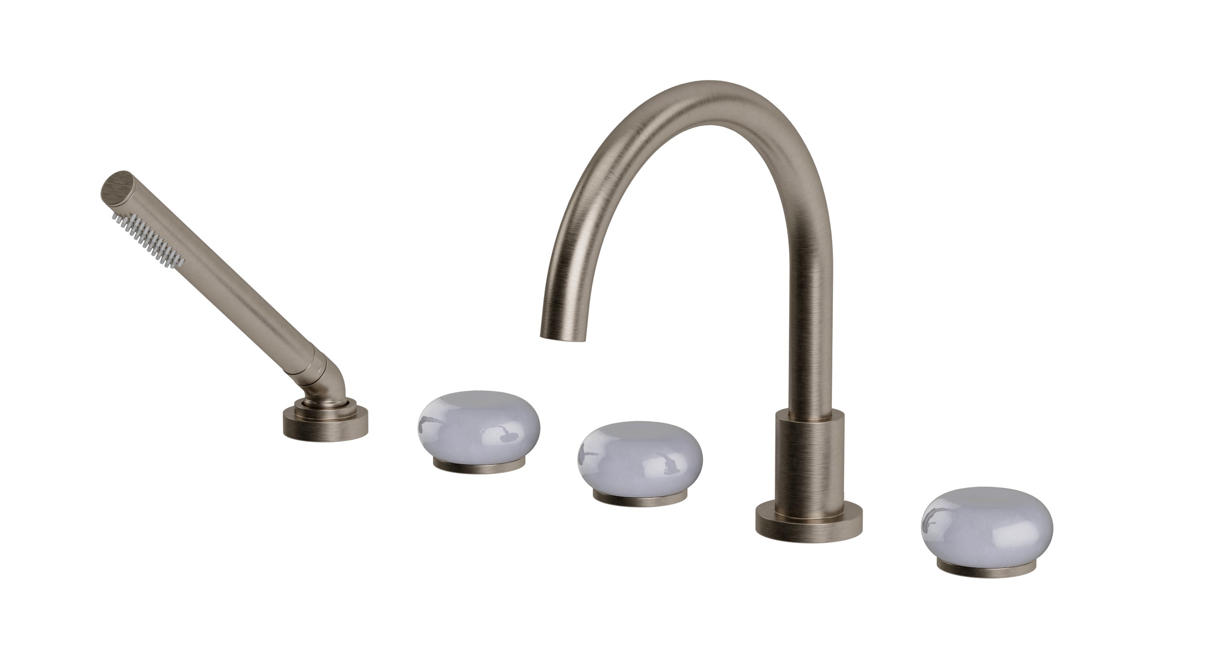 Foundry Three Handle Deck Mount Gooseneck Bath Trim with Hand Shower and Pebble Ceramic Knob Handles in Antique Nickel