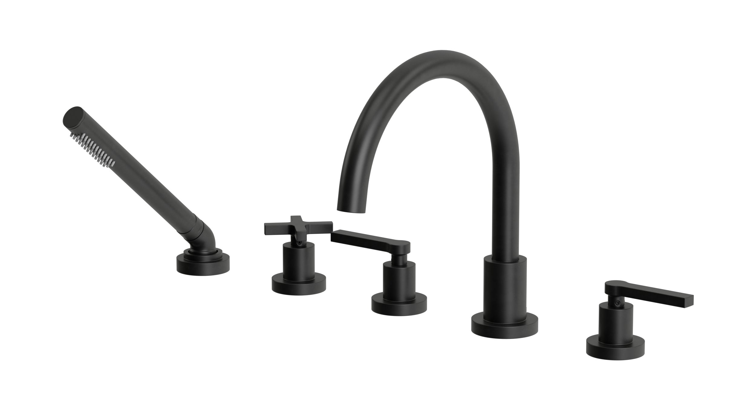 Flatiron Three Handle Deck Mount Gooseneck Bath Trim with Hand Shower and Linear Cross/Linear Lever Handles in Oil Rubbed Bronze