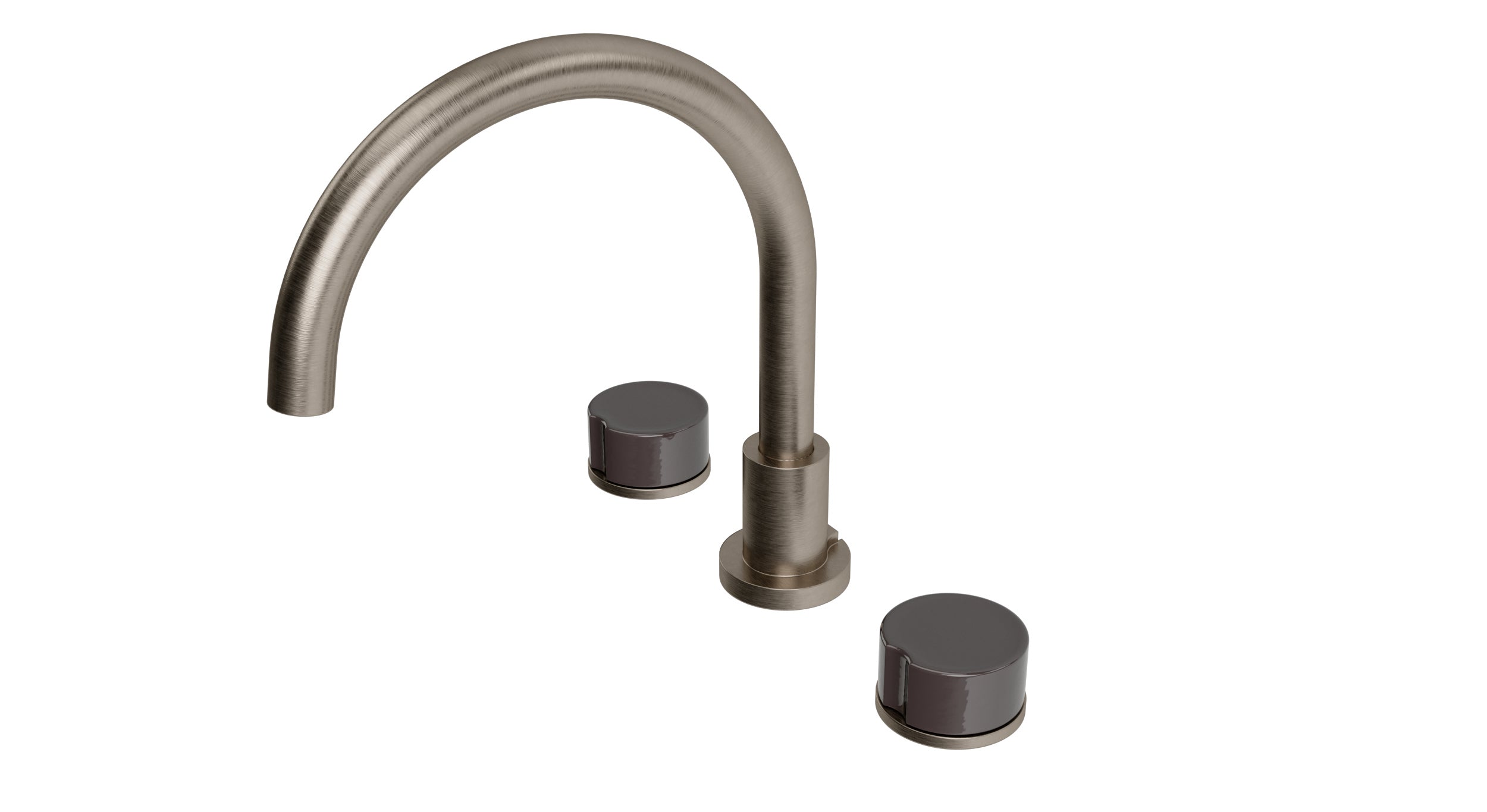 Foundry Two Handle Deck Mount Gooseneck Bath Trim with Groove Ceramic Knob Handles in Antique Nickel