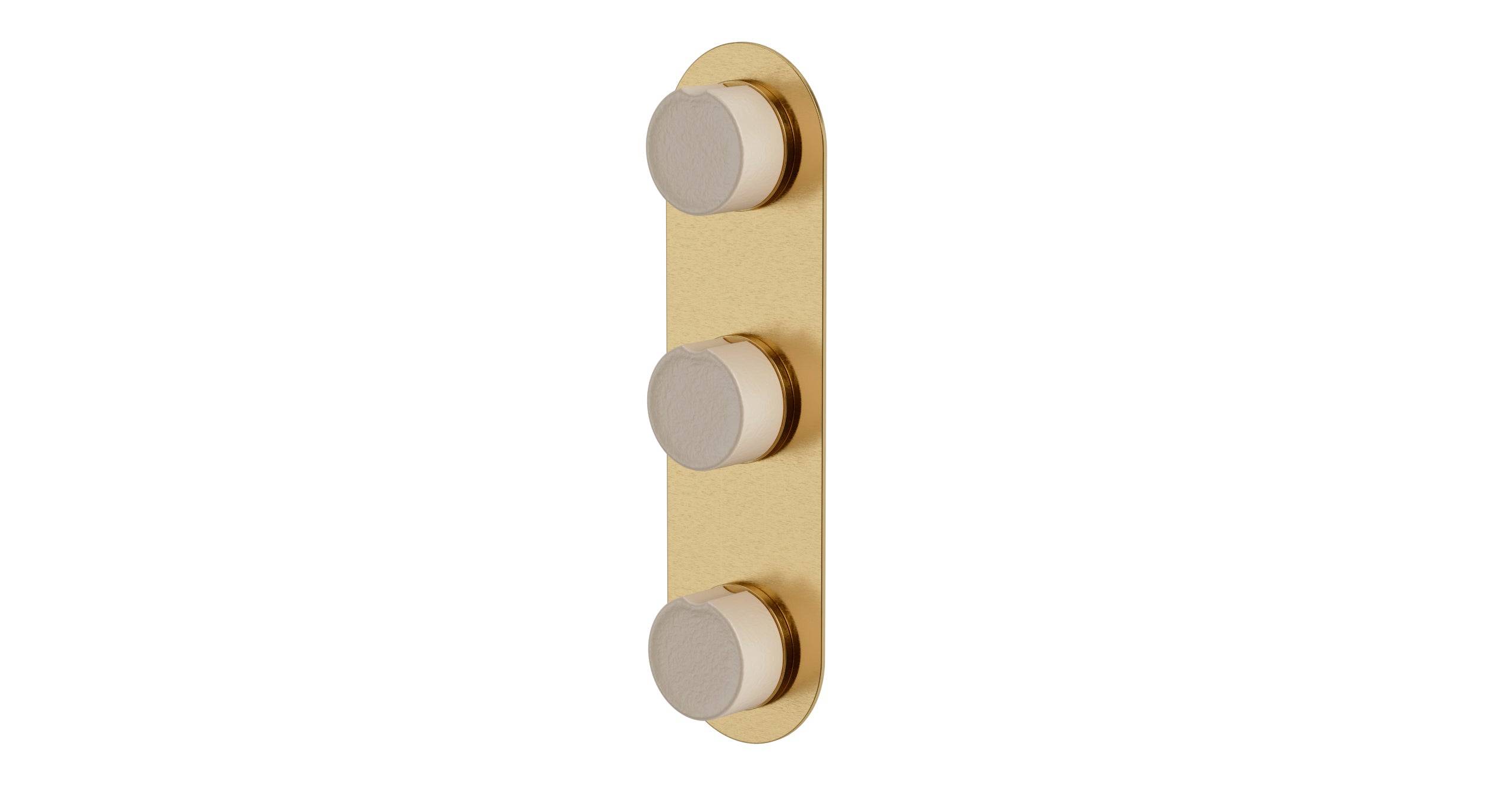 Foundry Three Handle Wall Mount Shower Trim with Groove Ceramic Knob Handles in Satin Brass