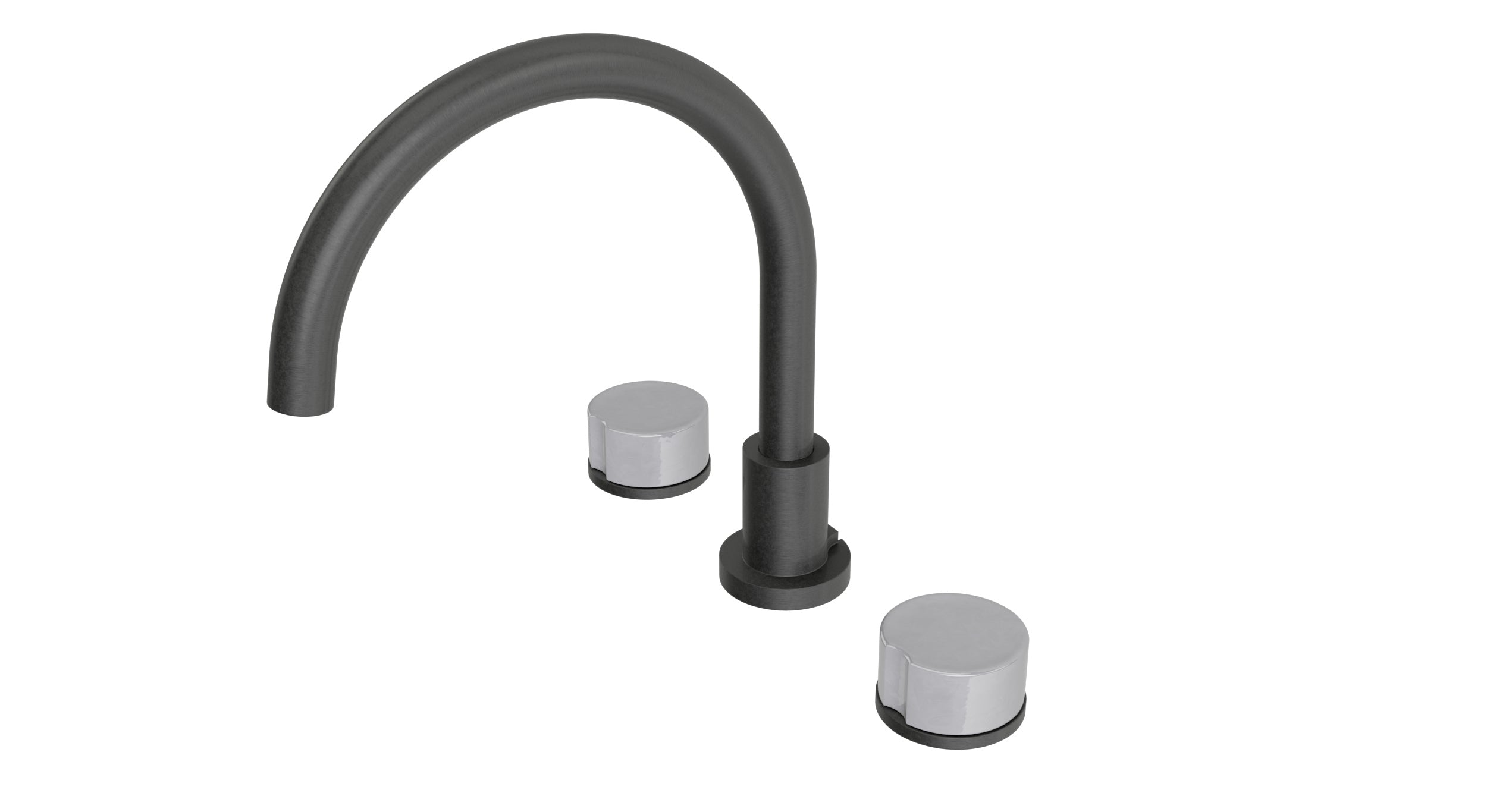Foundry Two Handle Deck Mount Gooseneck Bath Trim with Groove Ceramic Knob Handles in Blackened Nickel