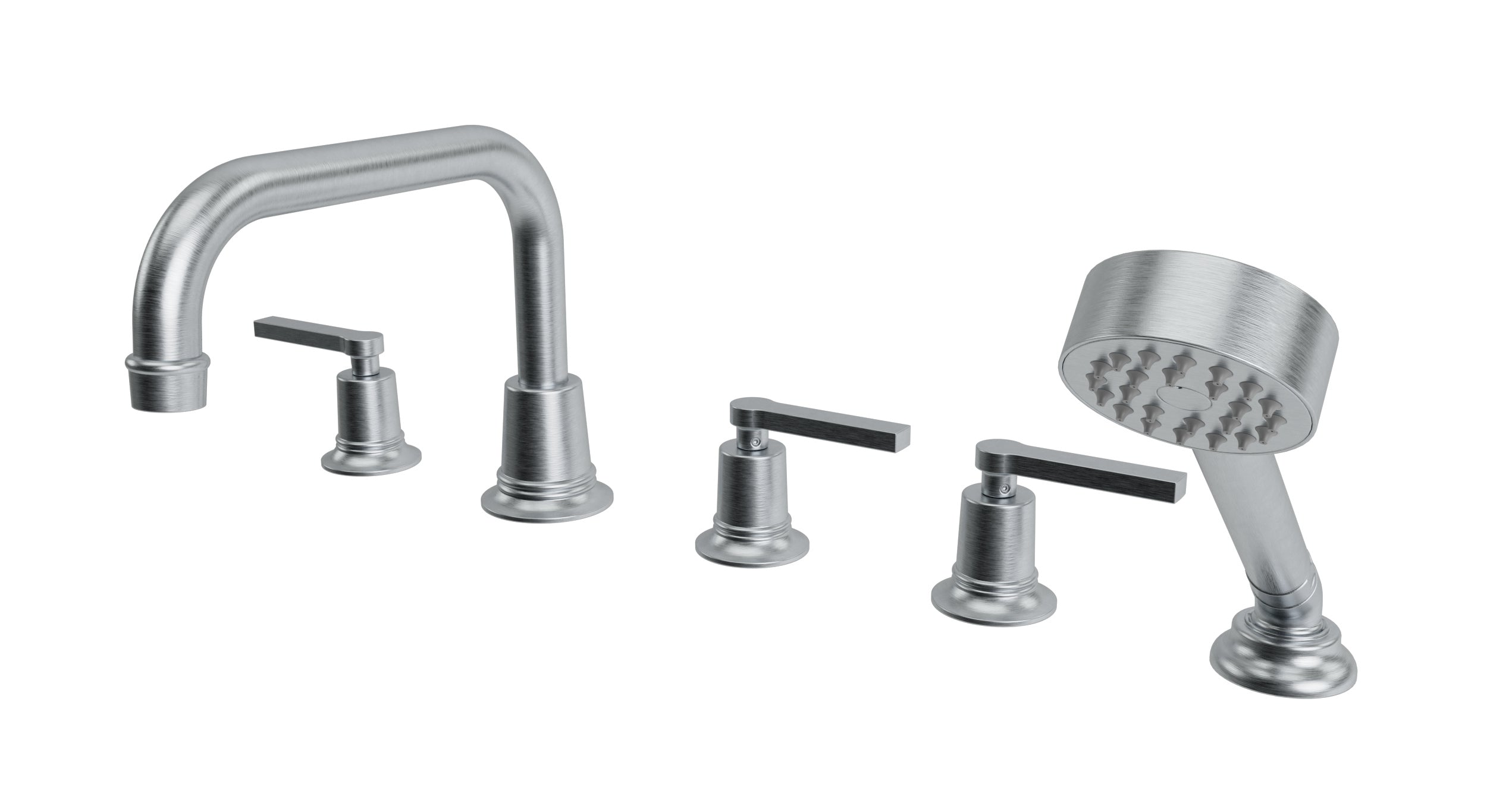 Emerson Three Handle Deck Mount Squaretop Bath Trim with Hand Shower and Classic Lever Handles in Satin Chrome