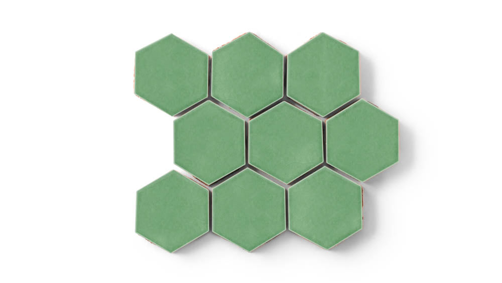 3" Hexagon Sheeted Original Ceramic Mosaic Tile in Sea Green Gloss