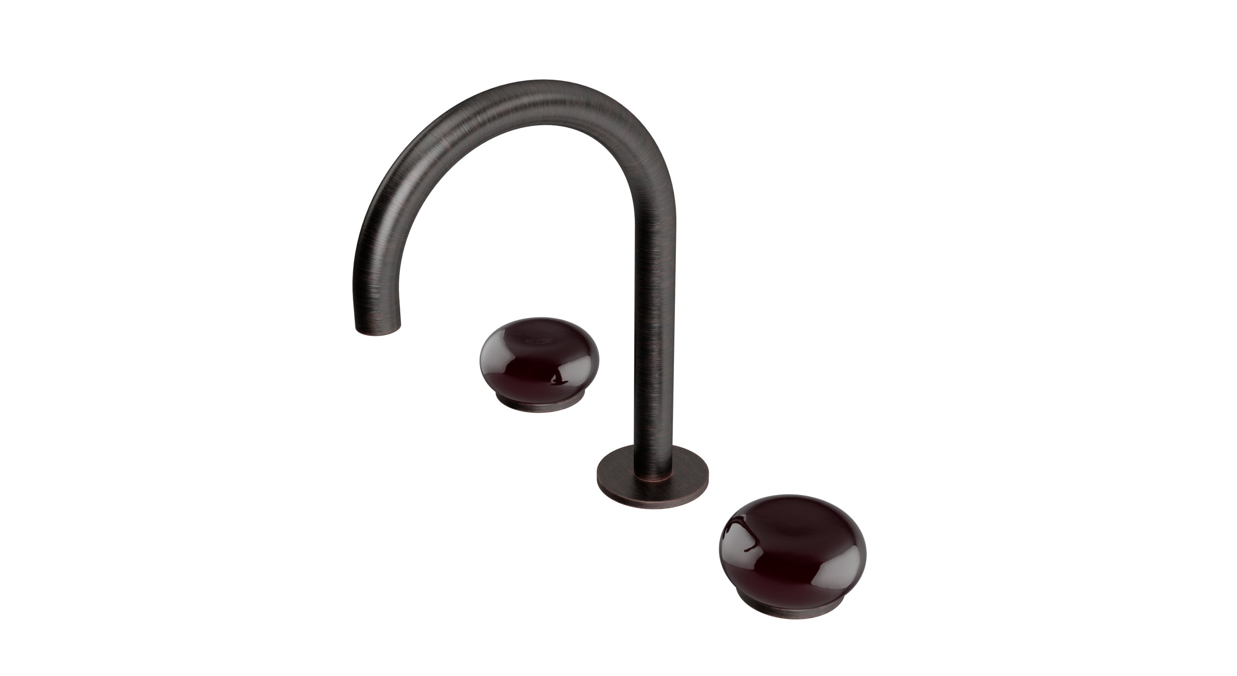 Foundry Two Handle Deck Mount Gooseneck Lavatory Faucet with Pebble Ceramic Knob Handles in Antique Bronze