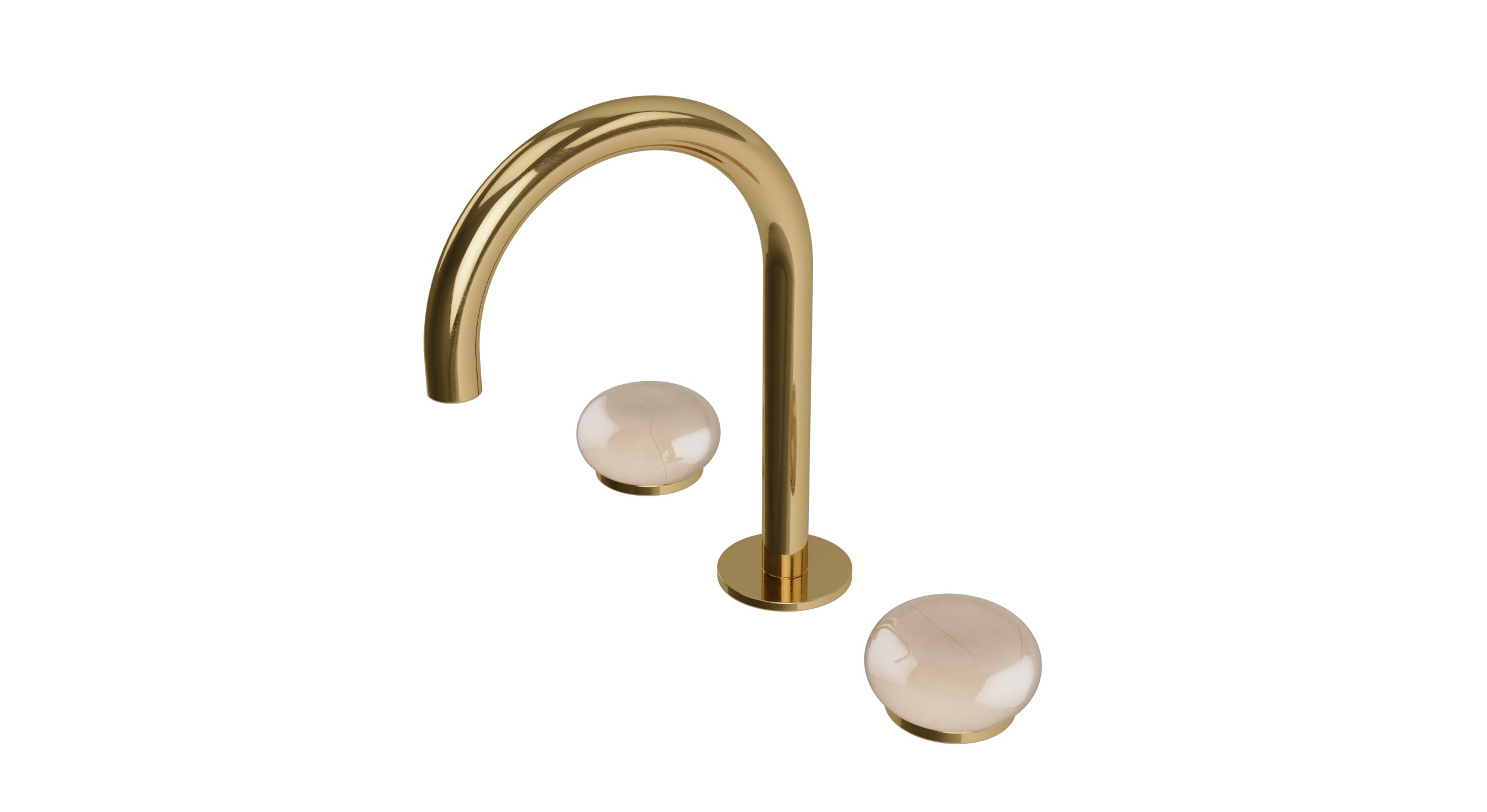 Foundry Two Handle Deck Mount Gooseneck Lavatory Faucet with Pebble Ceramic Knob Handles in Uncoated Polished Brass