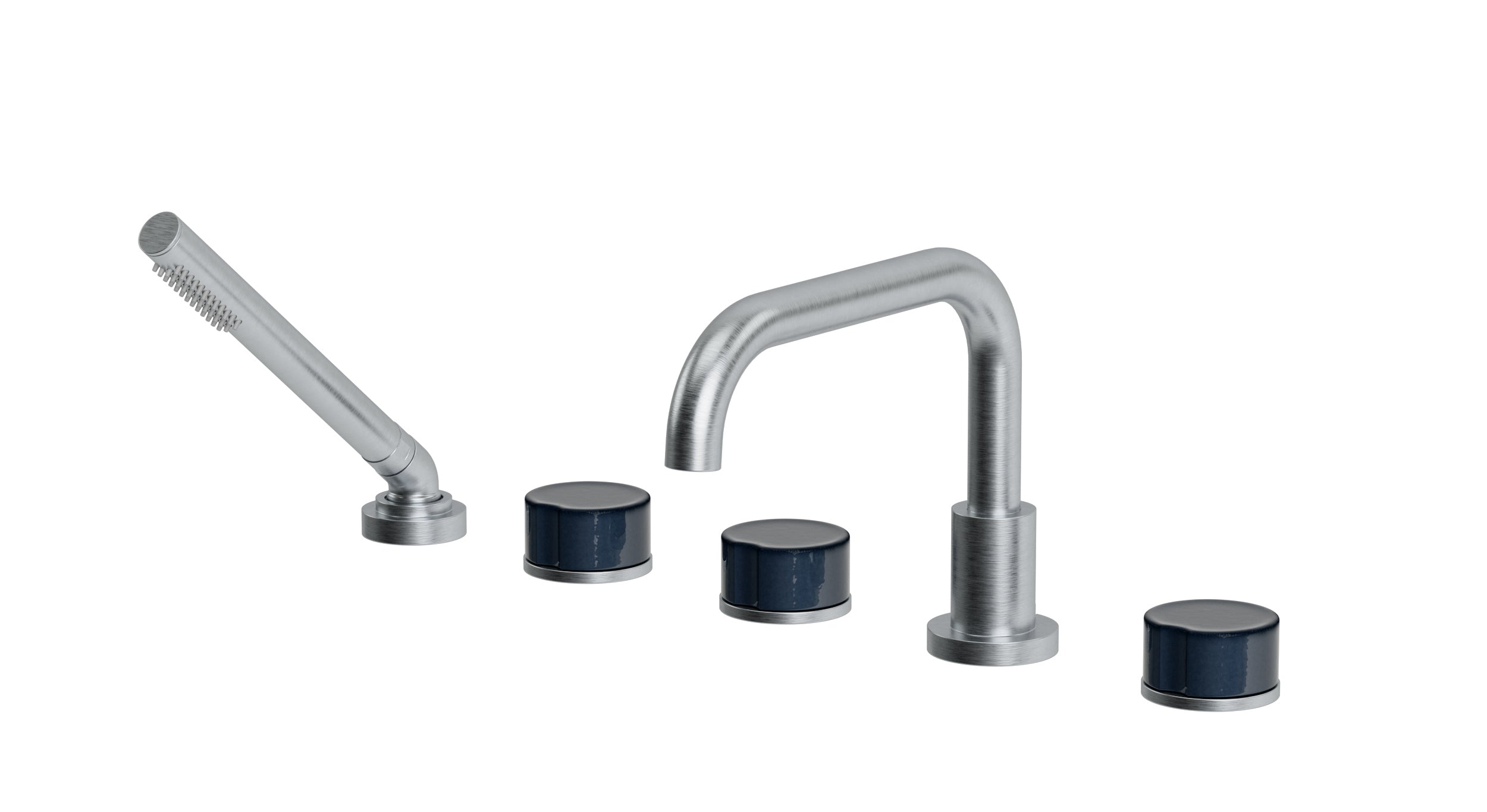 Foundry Three Handle Deck Mount Squaretop Bath Trim with Hand Shower and Groove Ceramic Knob Handles in Satin Chrome