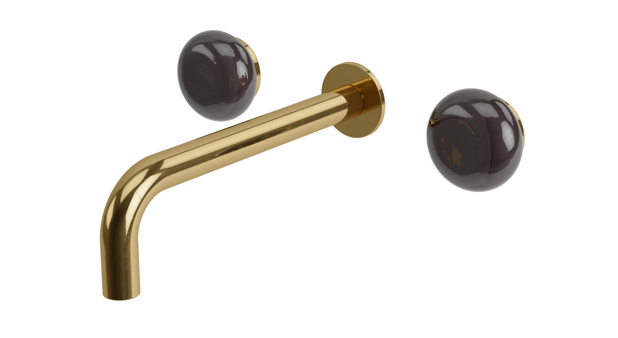 Foundry Two Handle Wall Mount 7.5" Lavatory Faucet with Pebble Ceramic Knob Handles in Uncoated Polished Brass
