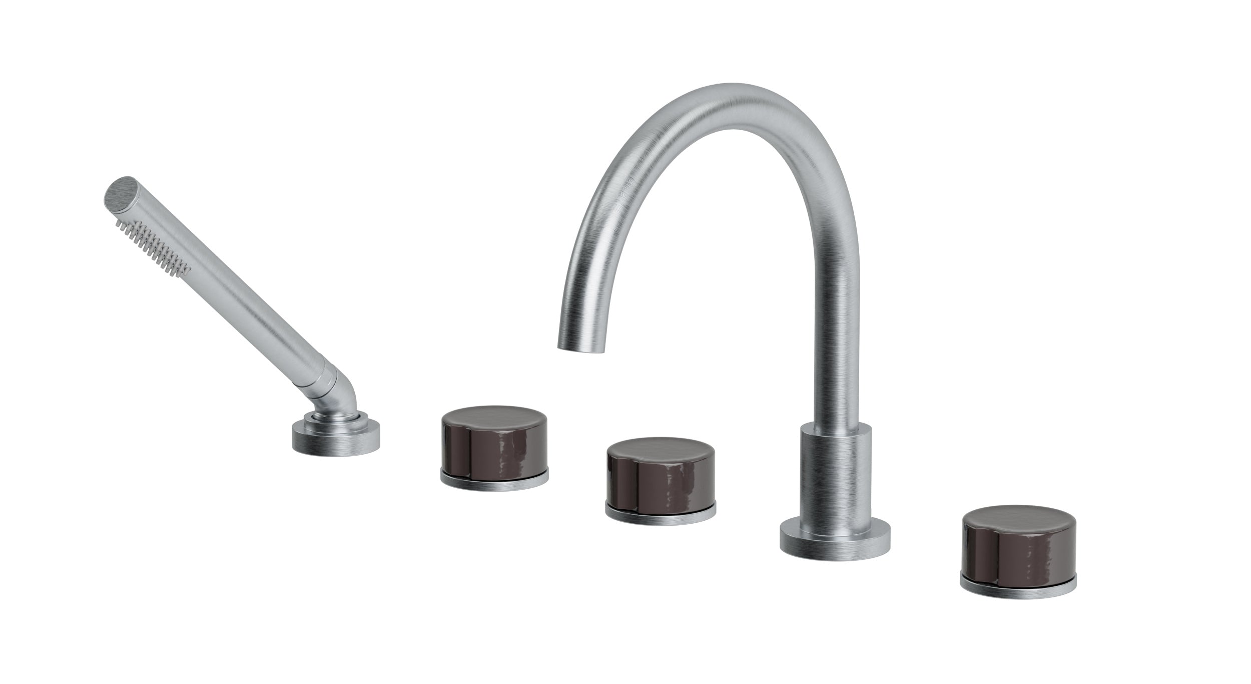 Foundry Three Handle Deck Mount Gooseneck Bath Trim with Hand Shower and Groove Ceramic Knob Handles in Satin Chrome