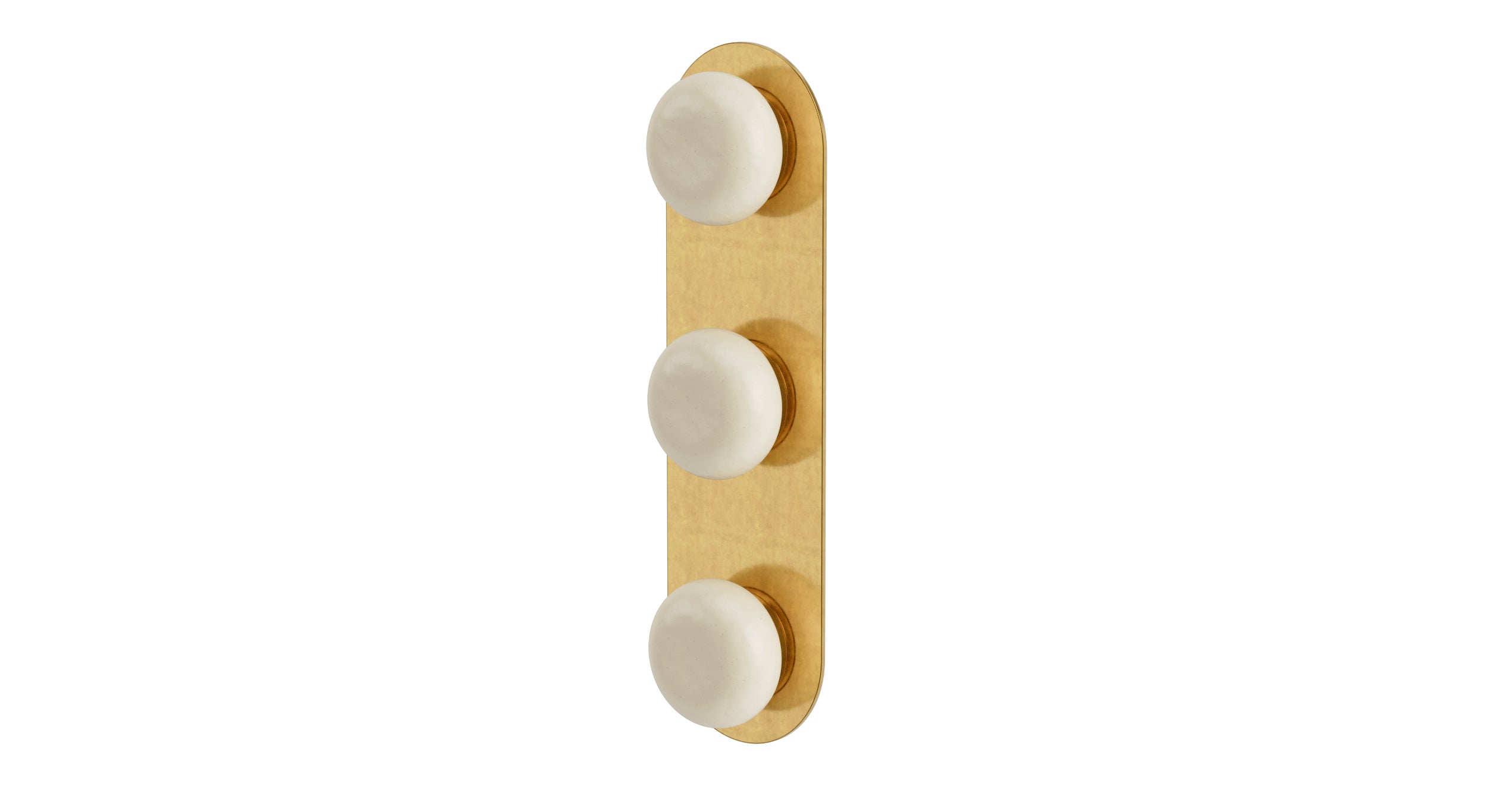 Foundry Three Handle Wall Mount Shower Trim with Pebble Ceramic Knob Handles in French Brass