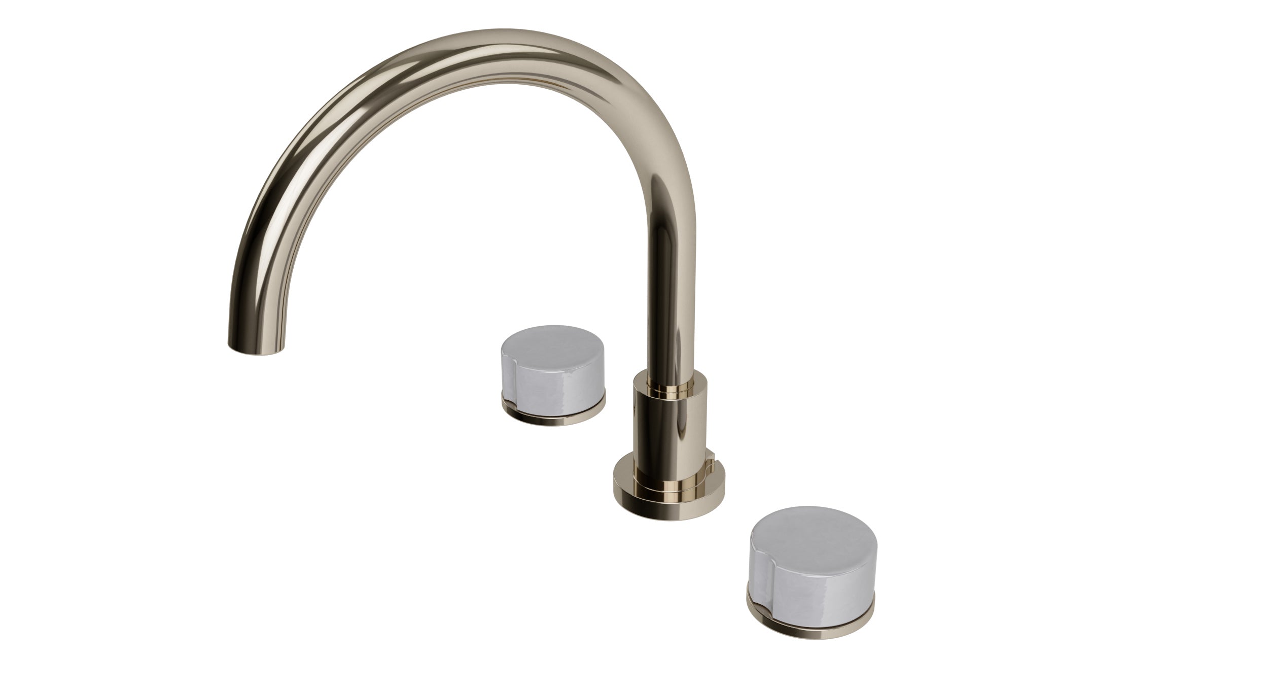 Foundry Two Handle Deck Mount Gooseneck Bath Trim with Groove Ceramic Knob Handles in Polished Nickel