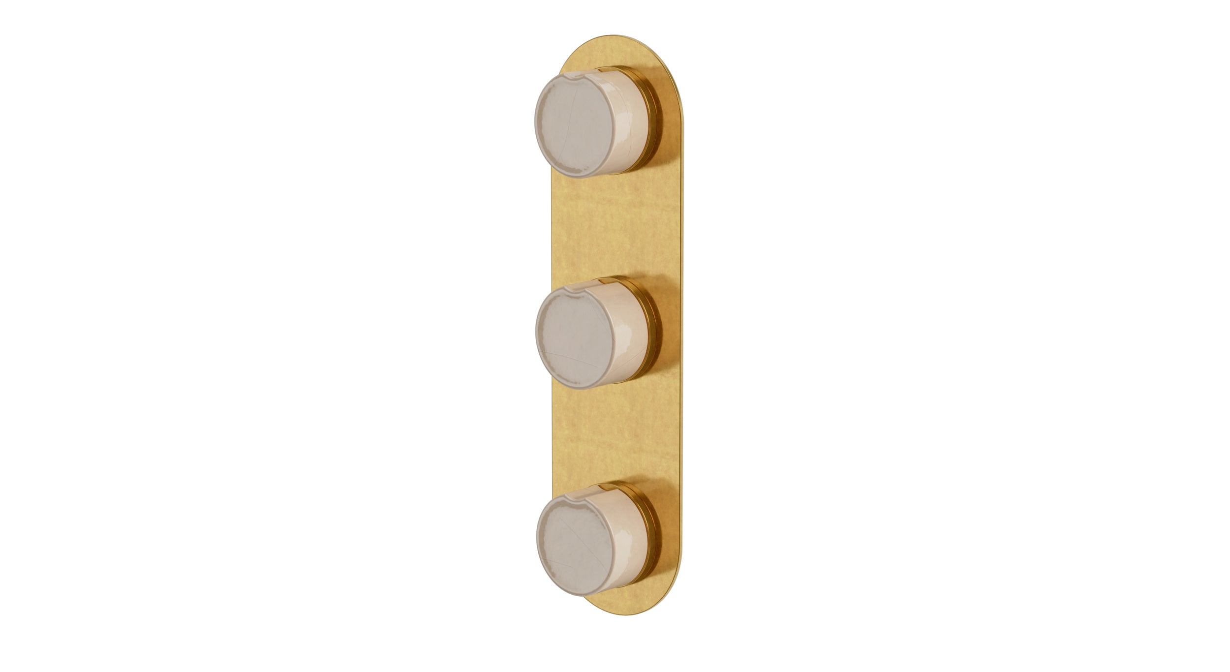 Foundry Three Handle Wall Mount Shower Trim with Groove Ceramic Knob Handles in French Brass