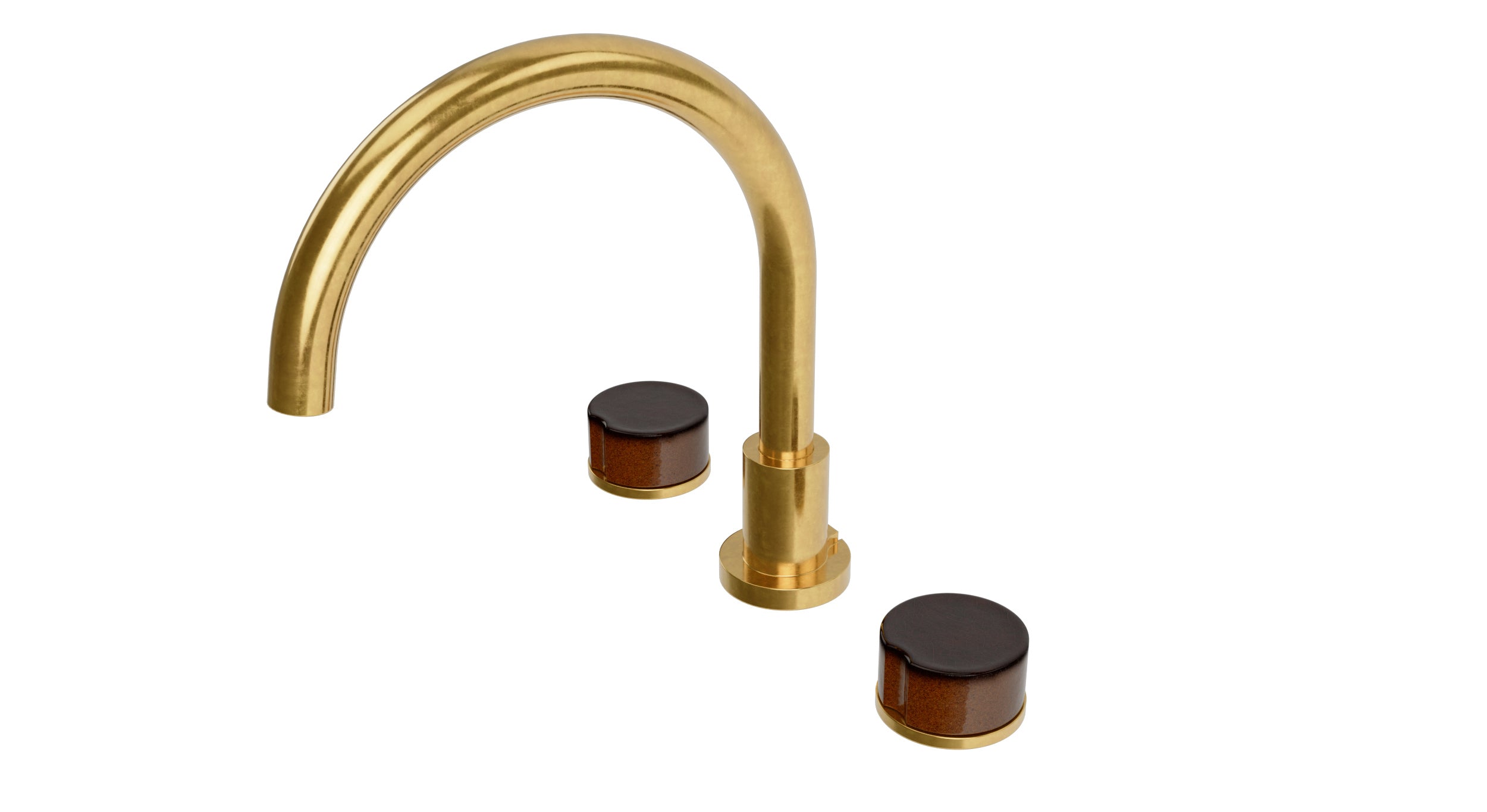 Foundry Two Handle Deck Mount Gooseneck Bath Trim with Groove Ceramic Knob Handles in French Brass