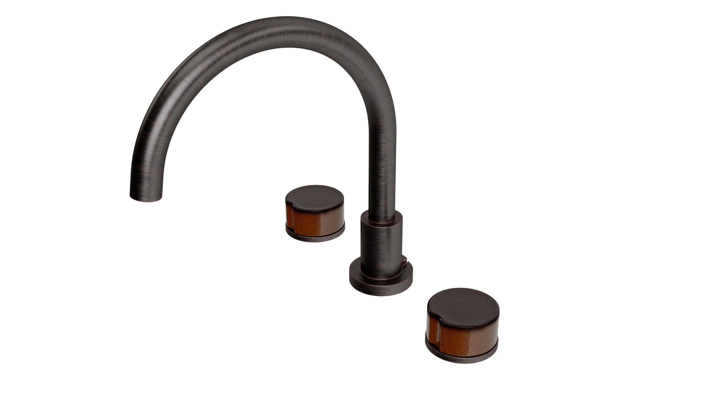 Foundry Two Handle Deck Mount Gooseneck Bath Trim with Groove Ceramic Knob Handles in Antique Bronze