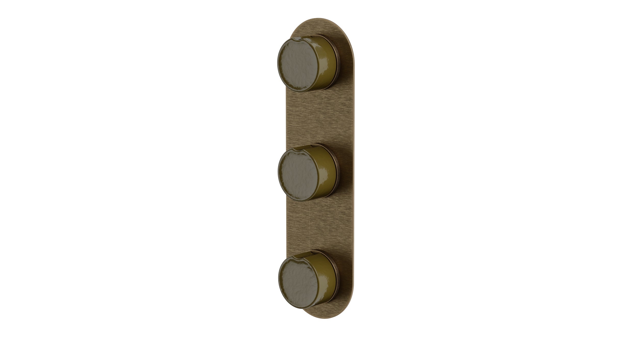 Foundry Three Handle Wall Mount Shower Trim with Groove Ceramic Knob Handles in Antique Brass