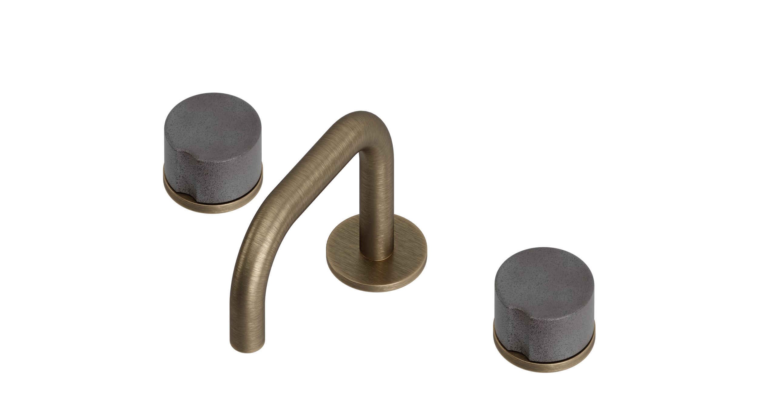 Foundry Two Handle Deck Mount Squaretop Lavatory Faucet with Groove Ceramic Knob Handles in Antique Brass