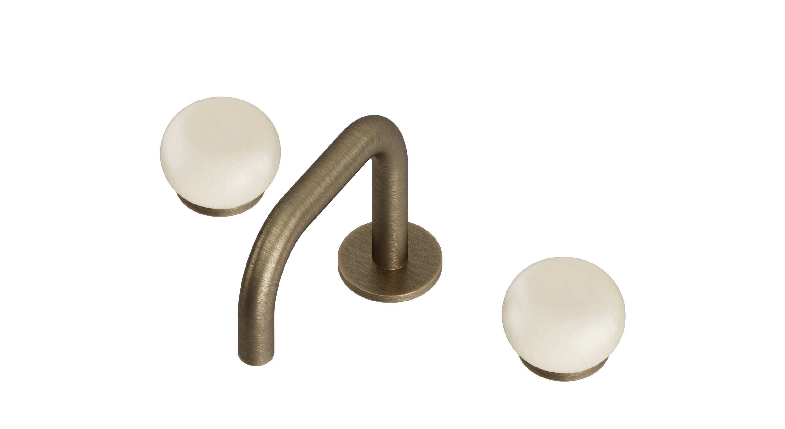 Foundry Two Handle Deck Mount Squaretop Lavatory Faucet with Pebble Ceramic Knob Handles in Antique Brass
