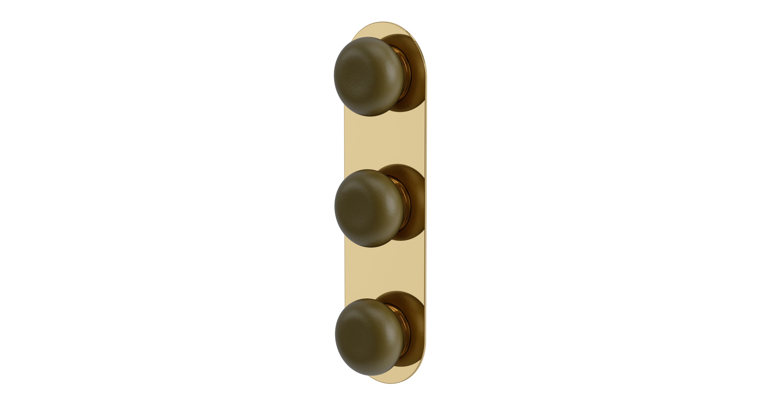 Foundry Three Handle Wall Mount Shower Trim with Pebble Ceramic Knob Handles in Polished Brass