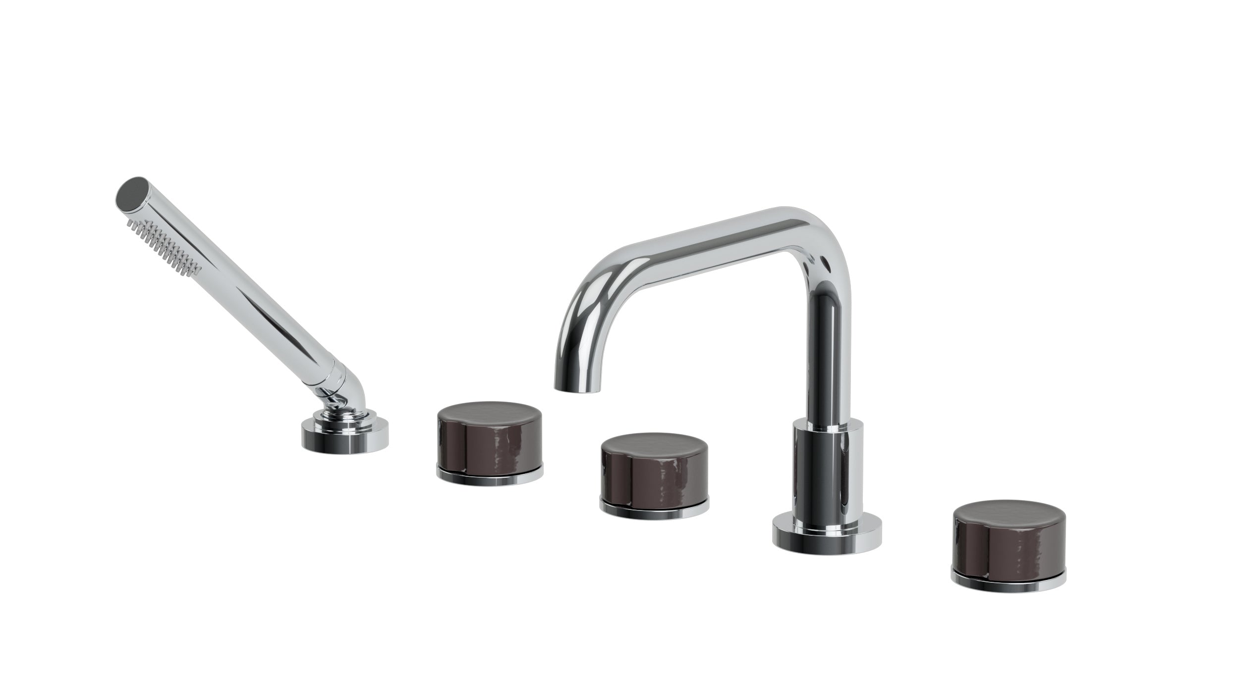 Foundry Three Handle Deck Mount Squaretop Bath Trim with Hand Shower and Groove Ceramic Knob Handles in Polished Chrome