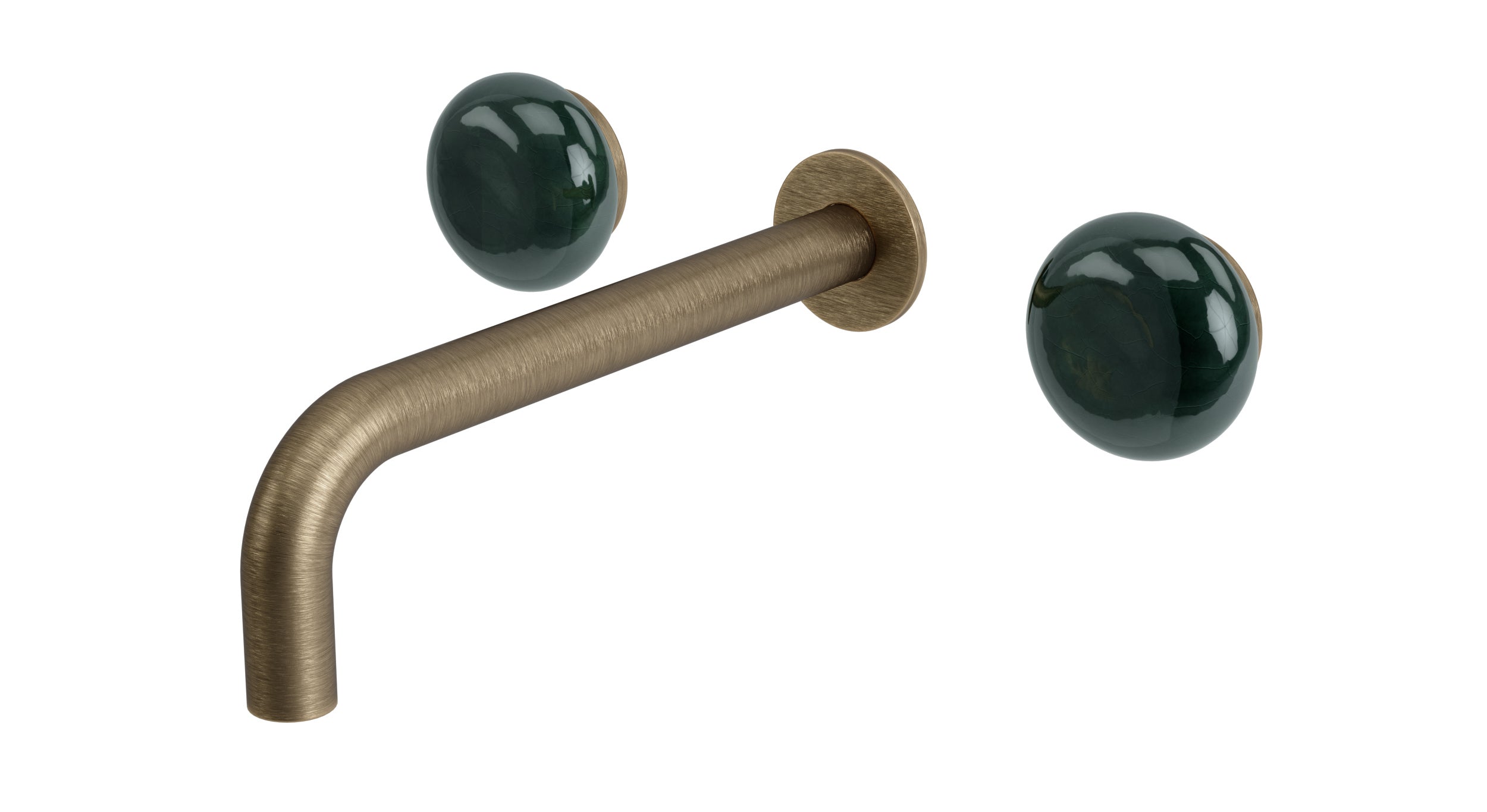 Foundry Two Handle Wall Mount 7.5" Lavatory Faucet with Pebble Ceramic Knob Handles in Antique Brass
