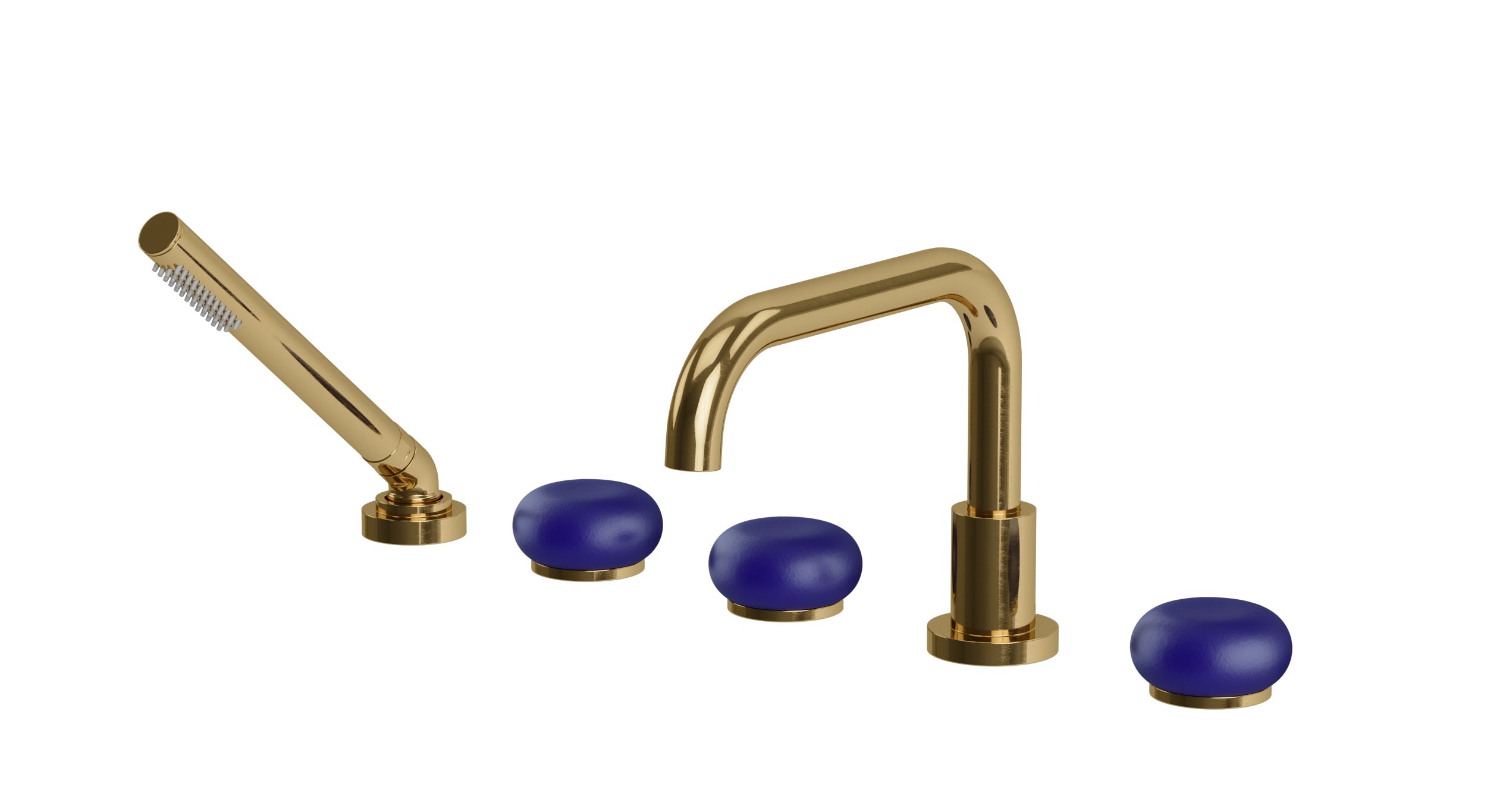 Foundry Three Handle Deck Mount Squaretop Bath Trim with Hand Shower and Pebble Ceramic Knob Handles in Uncoated Polished Brass