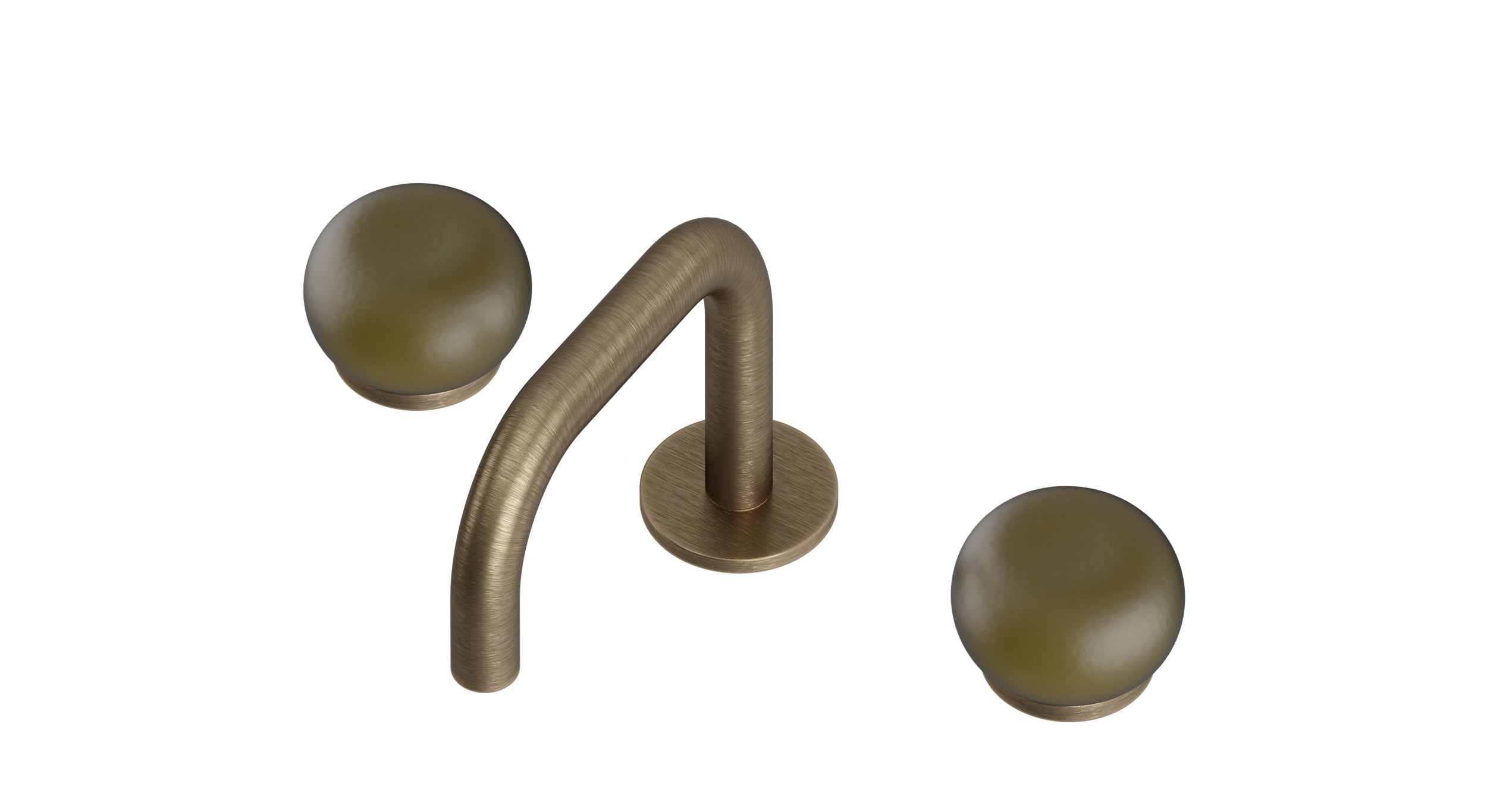 Foundry Two Handle Deck Mount Squaretop Lavatory Faucet with Pebble Ceramic Knob Handles in Antique Brass