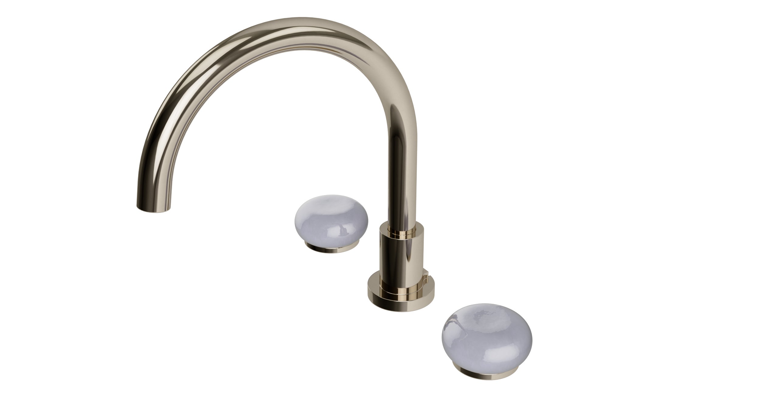 Foundry Two Handle Deck Mount Gooseneck Bath Trim with Pebble Ceramic Knob Handles in Polished Nickel