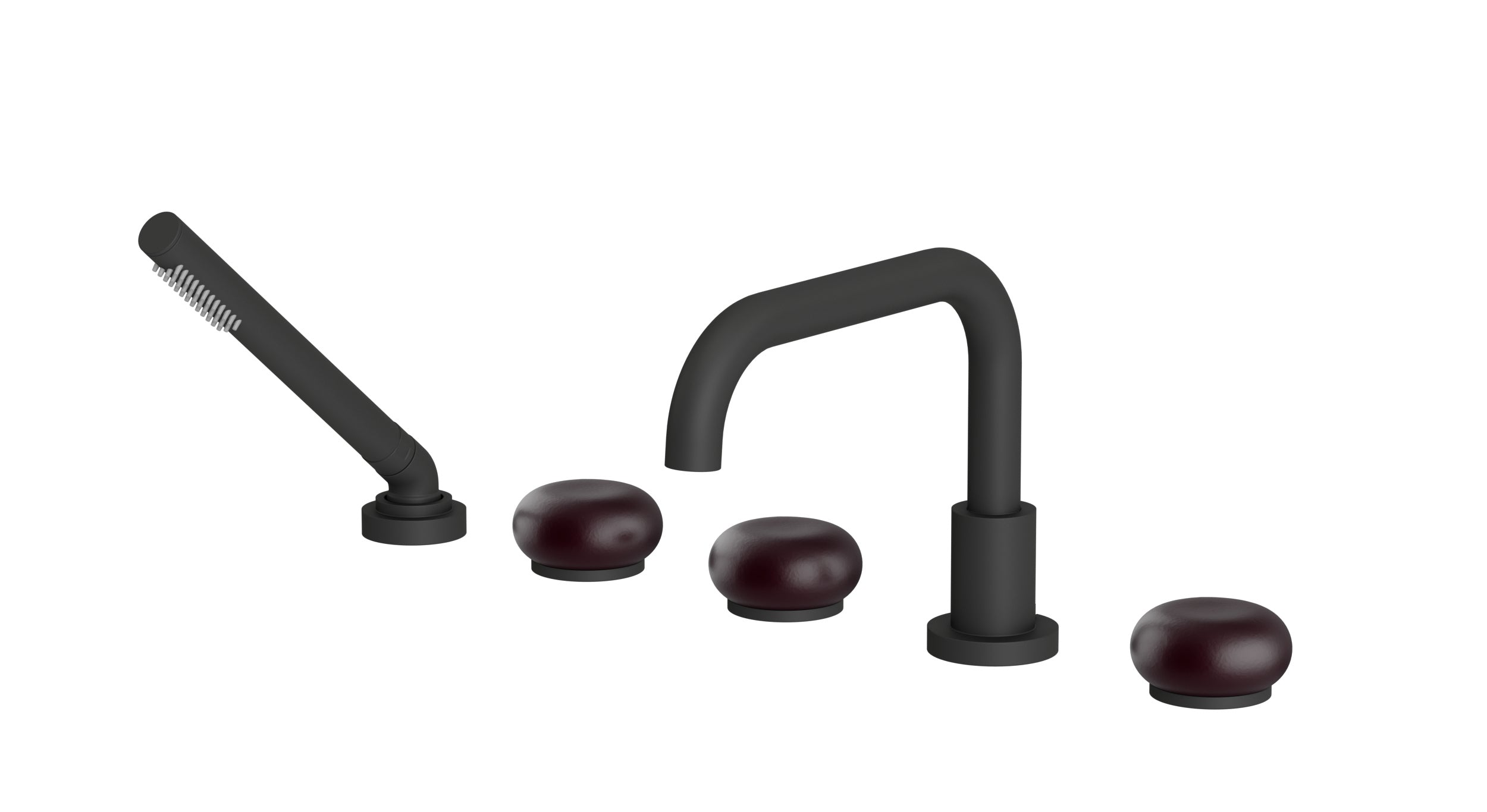 Foundry Three Handle Deck Mount Squaretop Bath Trim with Hand Shower and Pebble Ceramic Knob Handles in Matte Black