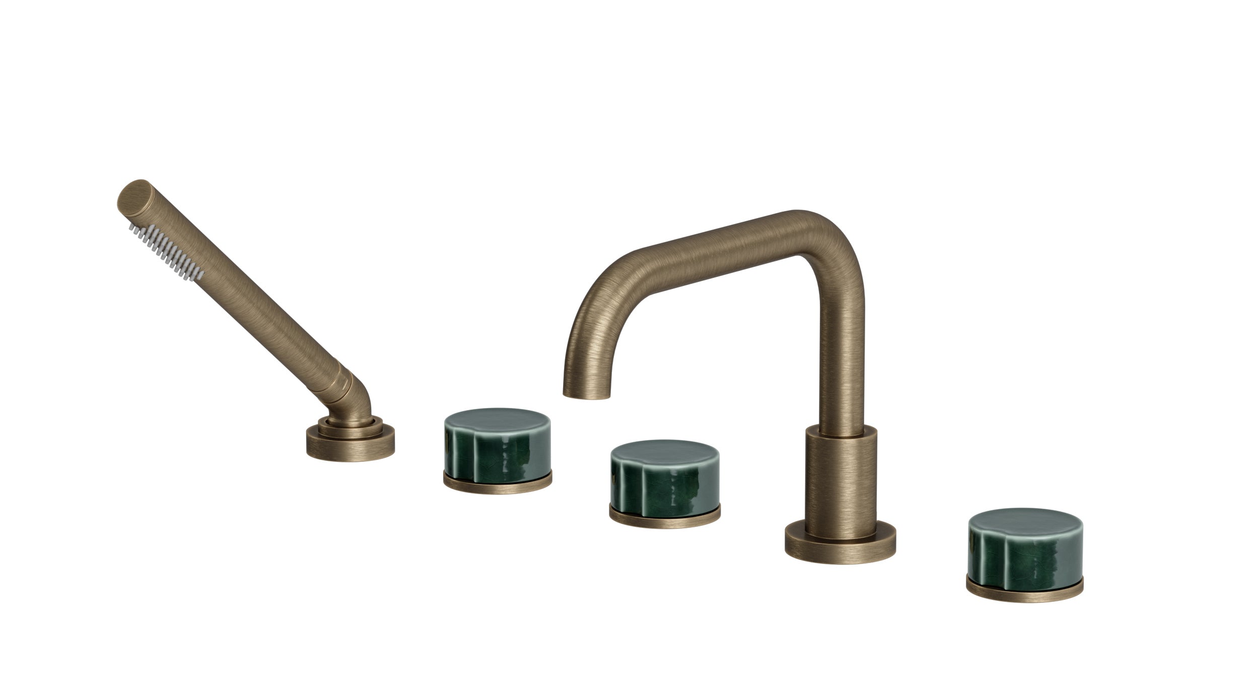 Foundry Three Handle Deck Mount Squaretop Bath Trim with Hand Shower and Groove Ceramic Knob Handles in Antique Brass