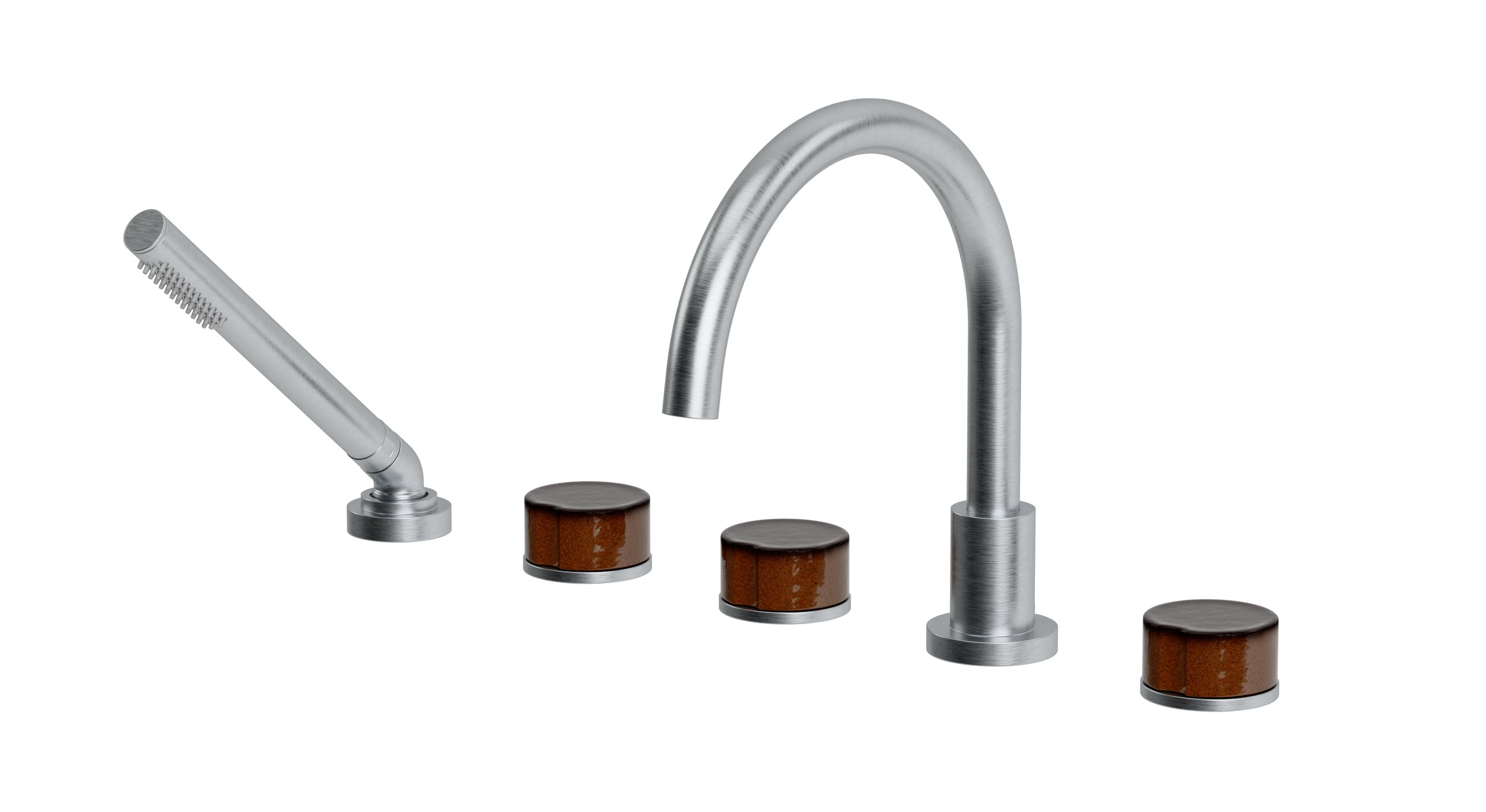 Foundry Three Handle Deck Mount Gooseneck Bath Trim with Hand Shower and Groove Ceramic Knob Handles in Satin Chrome