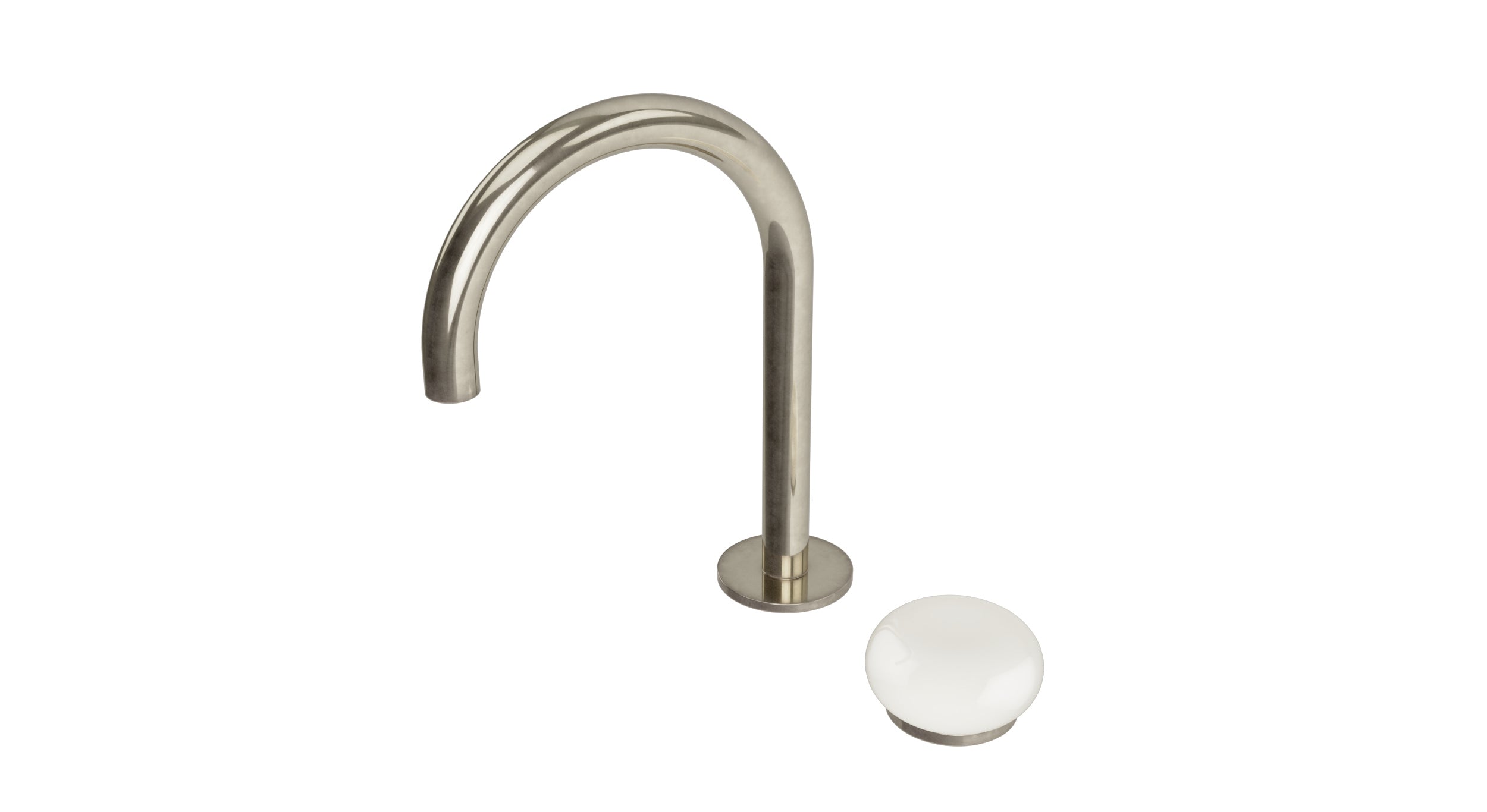 Foundry One Handle Deck Mount Gooseneck Lavatory Faucet with Pebble Ceramic Knob Handle in French Nickel