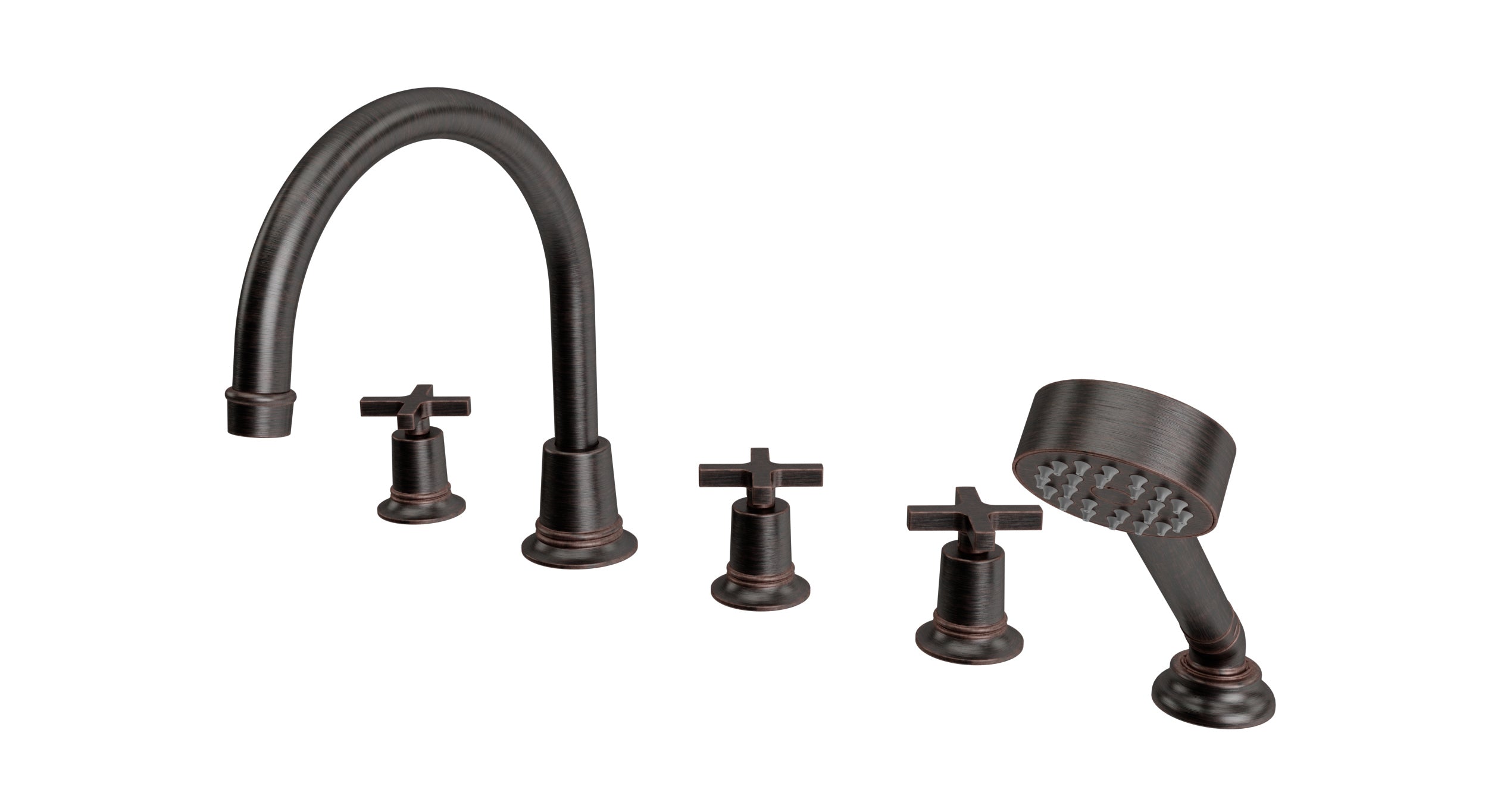 Emerson Three Handle Deck Mount Gooseneck Bath Trim with Hand Shower and Classic Cross Handles in Antique Bronze