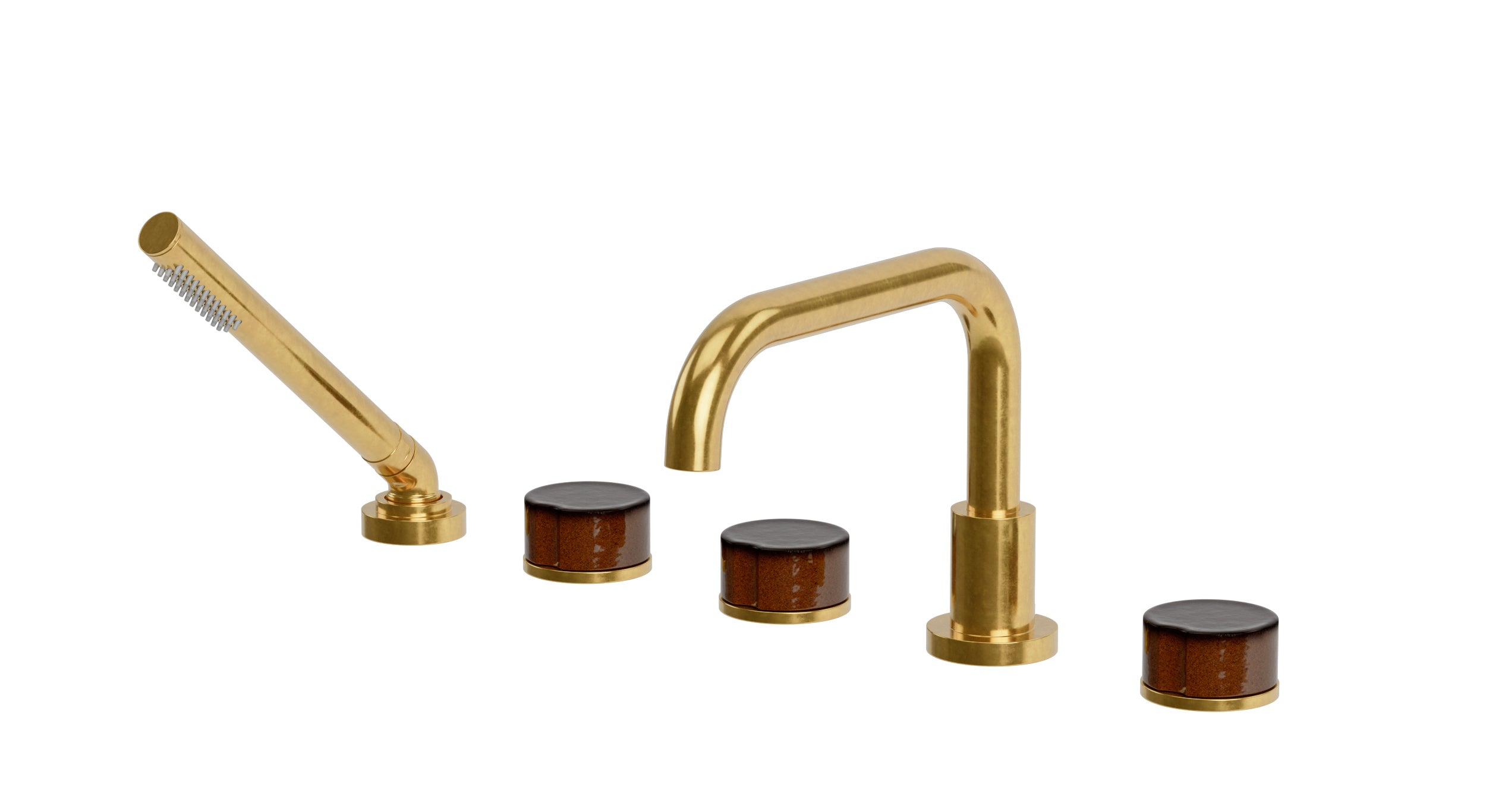 Foundry Three Handle Deck Mount Squaretop Bath Trim with Hand Shower and Groove Ceramic Knob Handles in French Brass