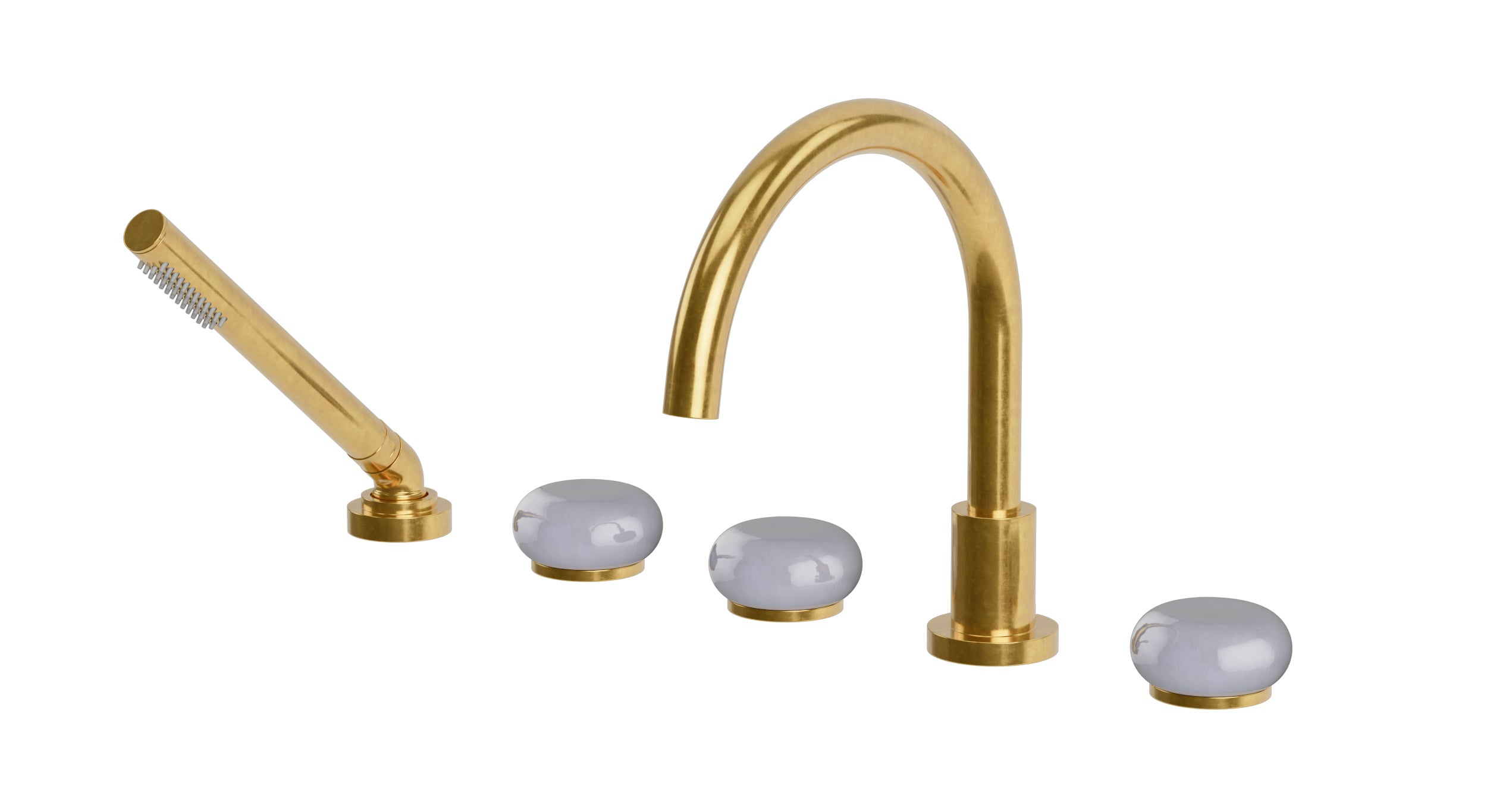 Foundry Three Handle Deck Mount Gooseneck Bath Trim with Hand Shower and Pebble Ceramic Knob Handles in French Brass