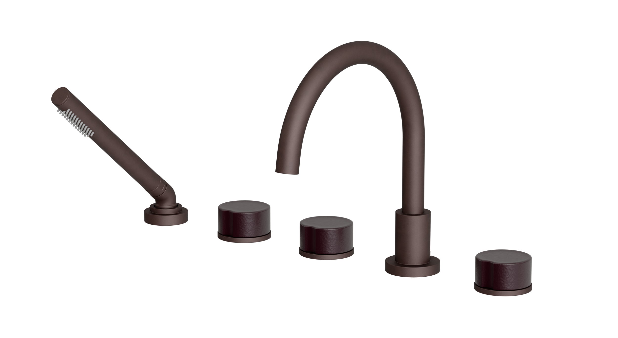Foundry Three Handle Deck Mount Gooseneck Bath Trim with Hand Shower and Groove Ceramic Knob Handles in Architectural Copper