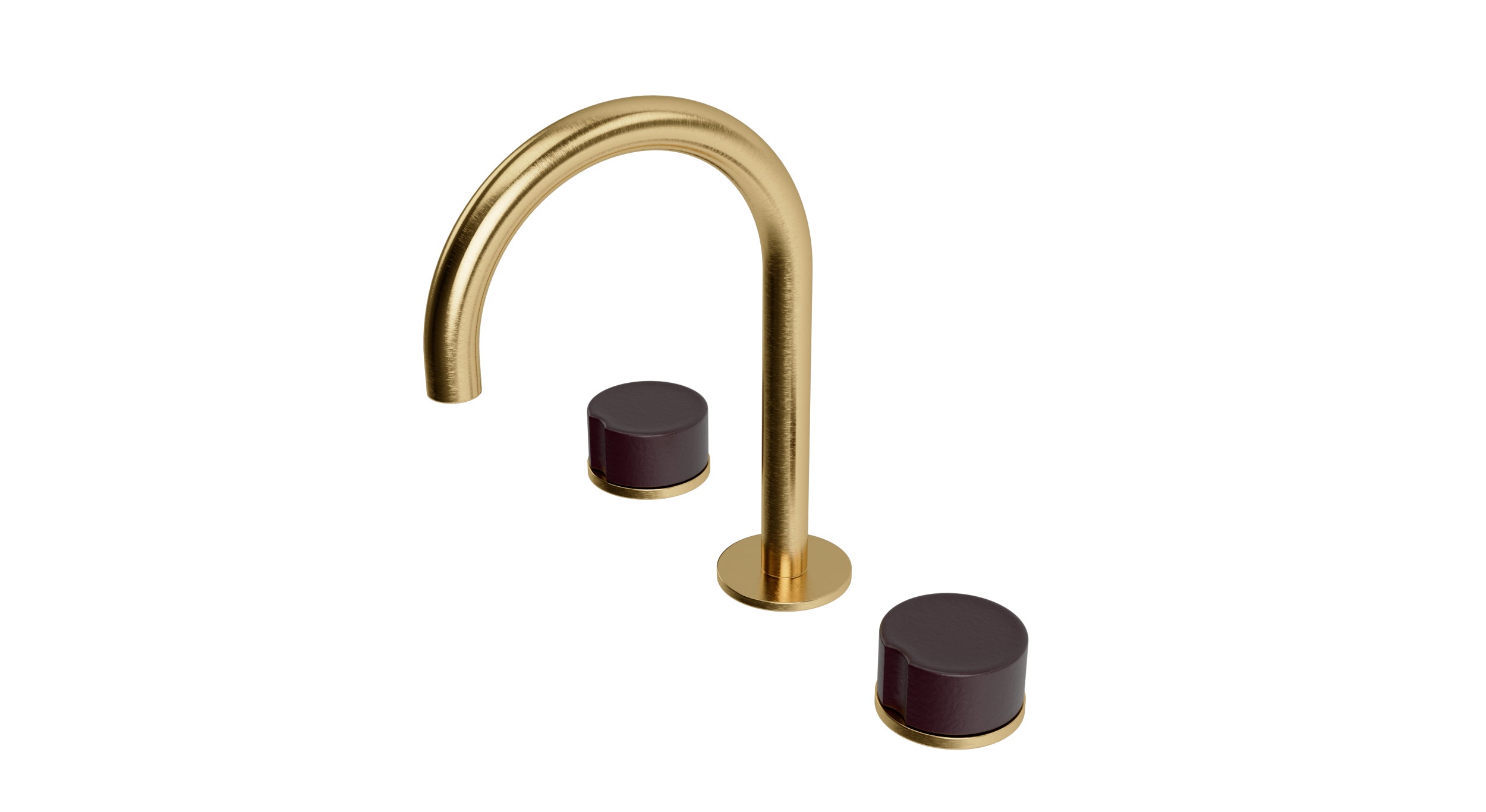 Foundry Two Handle Deck Mount Gooseneck Lavatory Faucet with Groove Ceramic Knob Handles in Satin Brass